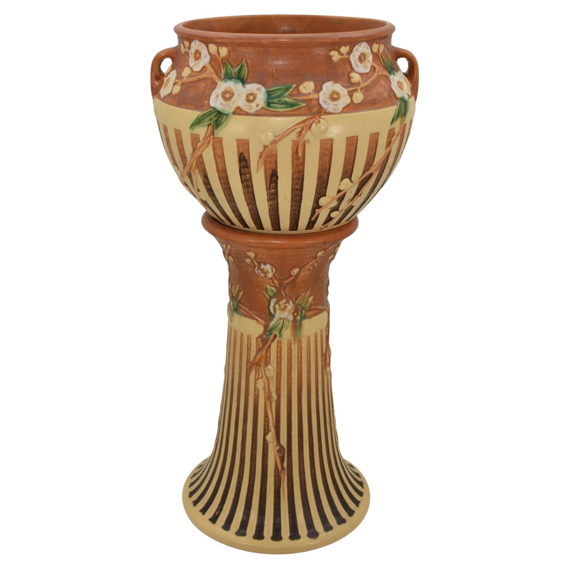 Roseville Cherry Blossom Brown 1933 Pottery Ceramic Jardiniere Pedestal 627 For Sale