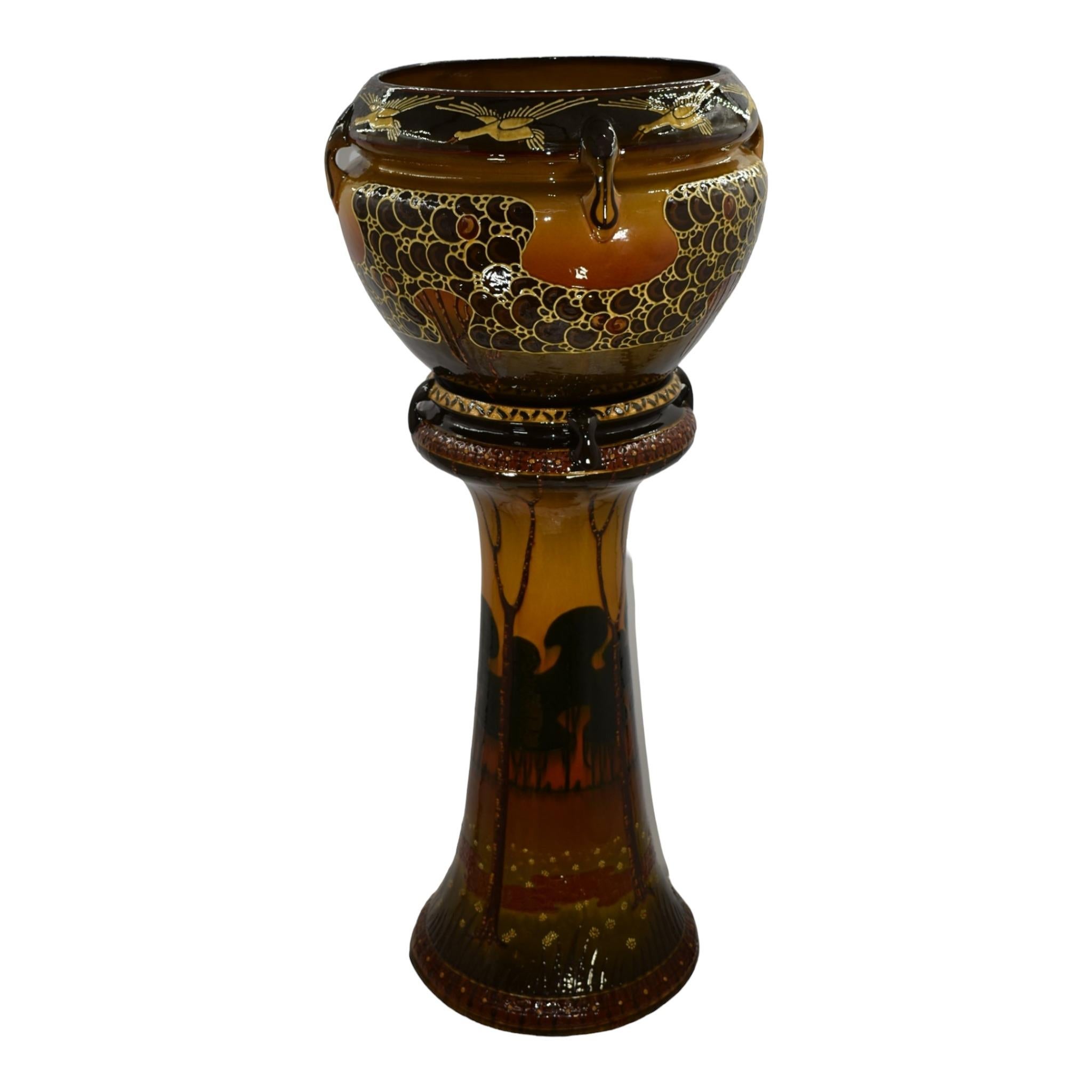Roseville Decorated Landscape 1907 Pottery Jardiniere and Pedestal 456-14
Massive and rare set with stunning design and super color. 
Exceptional combination of squeezebag, grafitto and hand painted detail to the artwork.
Shows well with just a