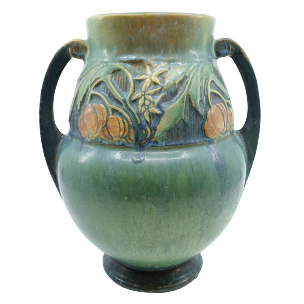 Art déco Vase de la poterie d'art américaine Baneda 626-7 Roseville à double poignée verte 1932 en vente
