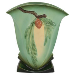 Roseville Pine Cone Green 1953 Vintage Art Pottery Ceramic Pillow Vase 492-12