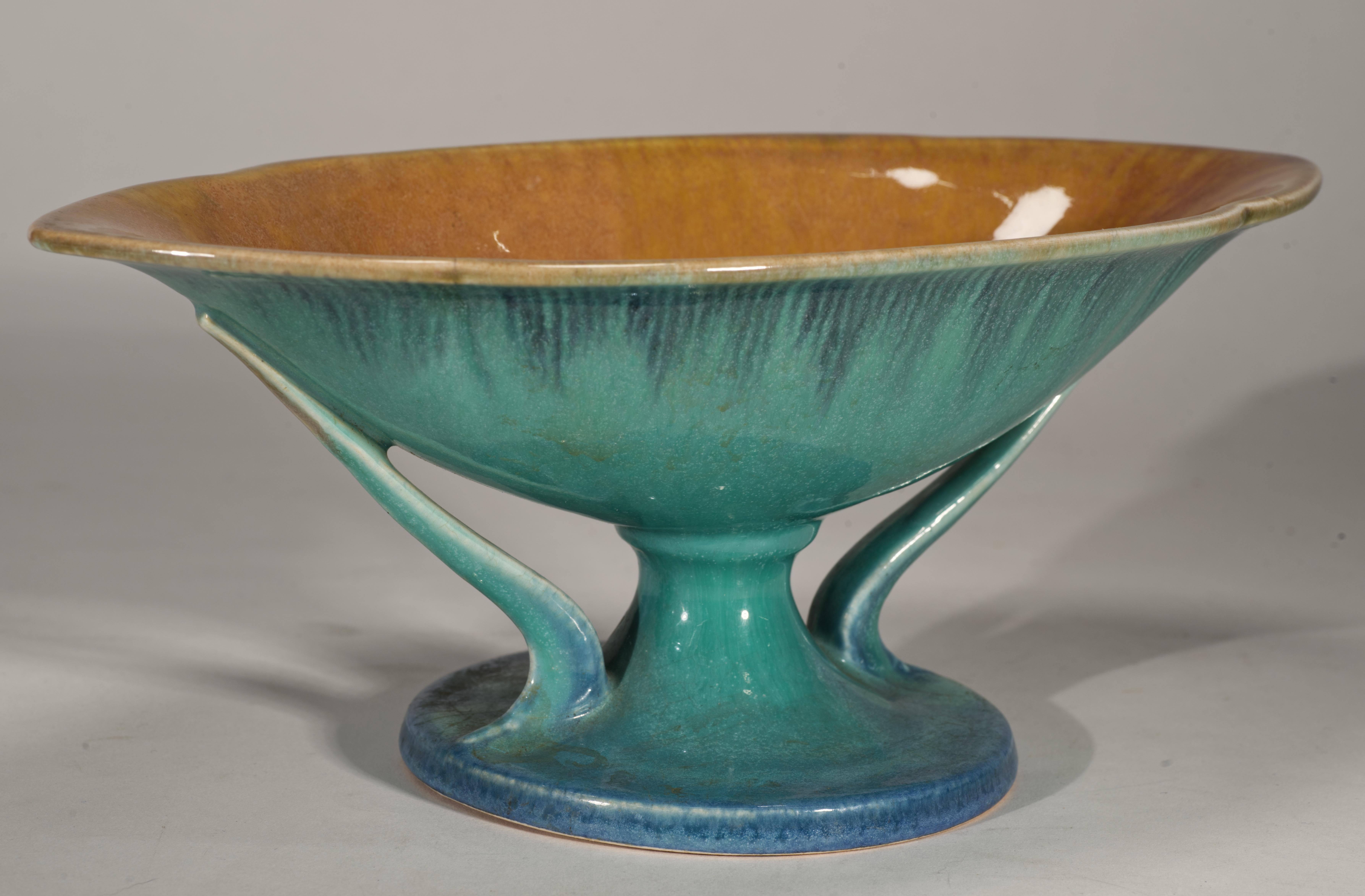 Roseville Pottery Cuenco Art Decó Orian Turquesa, 1935 Hecho a mano en venta