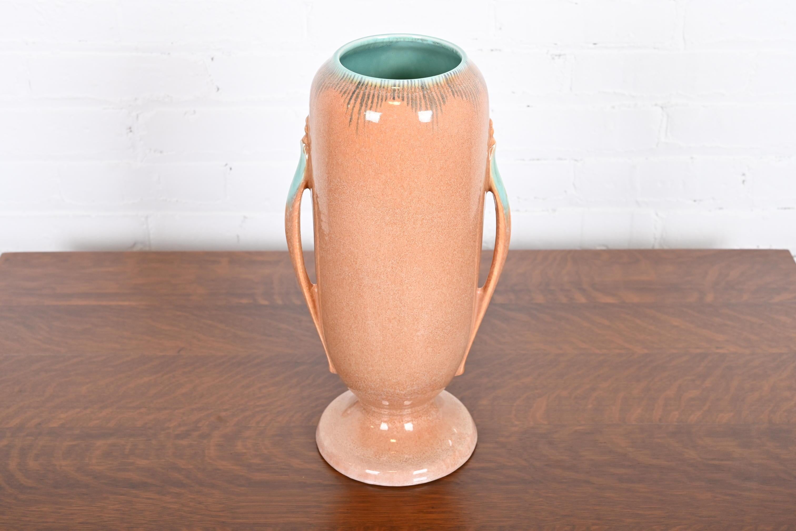 Roseville Art Deco Orian Large Glazed Handled Art Pottery Vase, 1930s In Good Condition For Sale In South Bend, IN