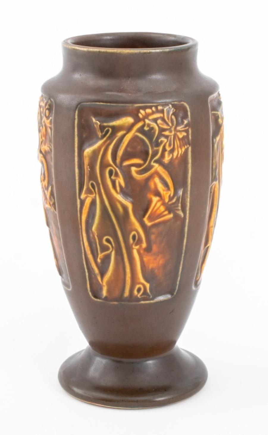 Art Deco Period Roseville Rosecraft Pottery matte brown glazed ceramic vase with four panels of floral decoration, stamped 