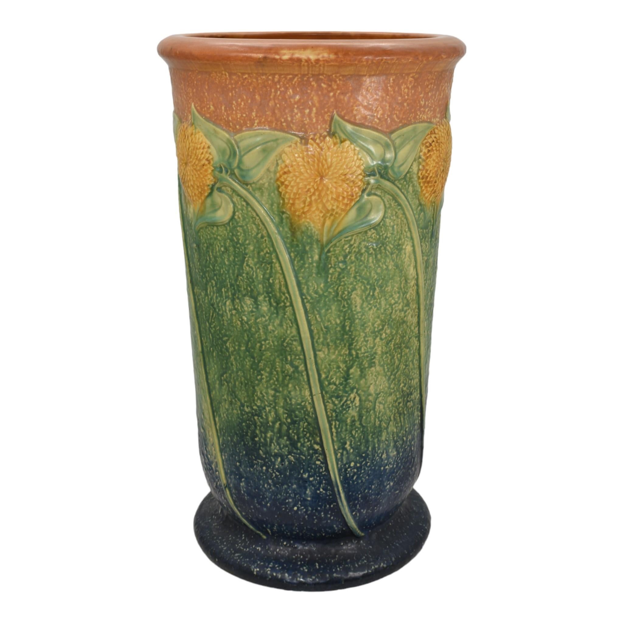Roseville Sunflower 1930 Vintage Arts And Crafts Ceramic Umbrella Stand 770-20 In Good Condition In East Peoria, IL