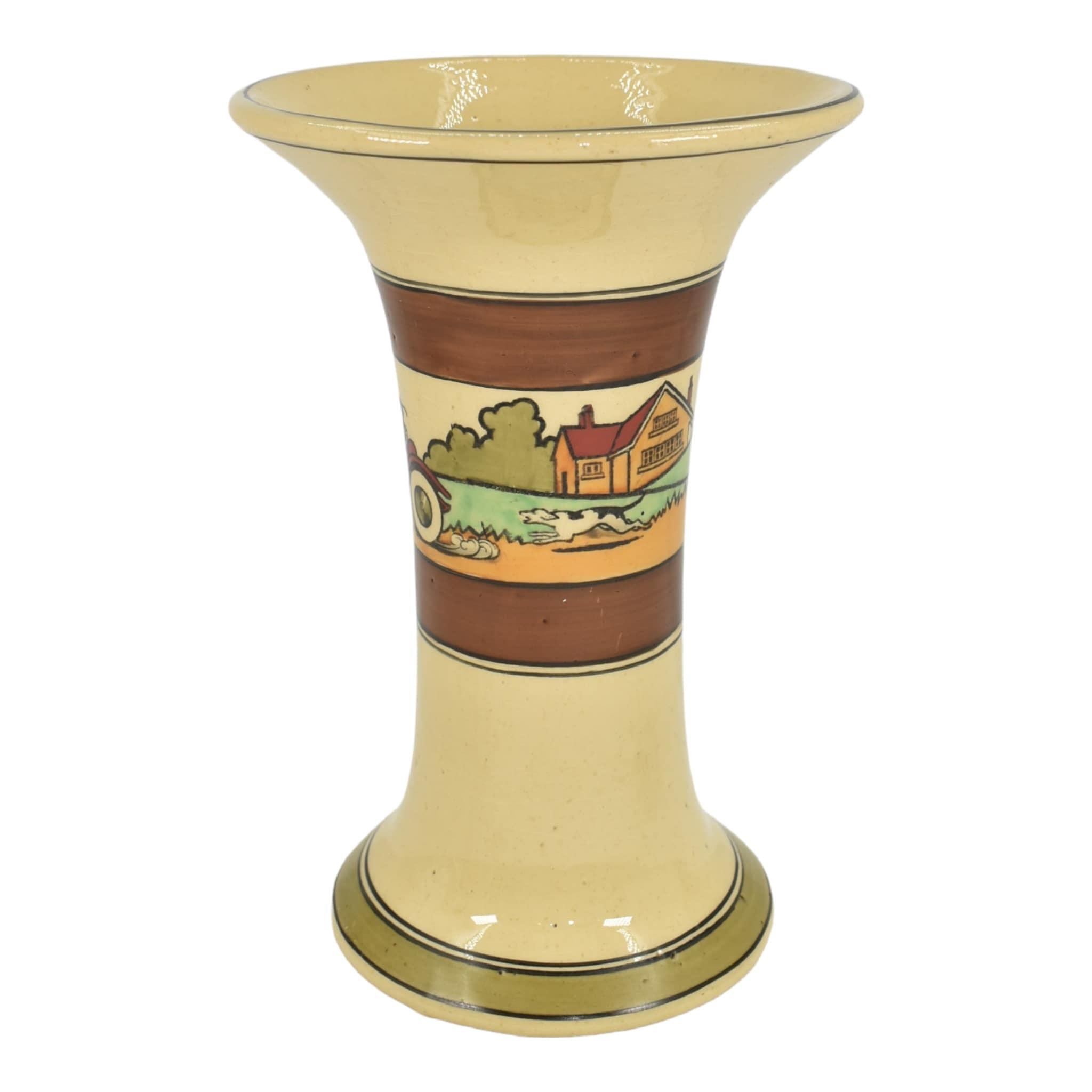 Roseville Tourist Creamware 1916 Arts And Crafts Pottery Flaring Rim Flower Vase
Rare and superior scenic vase with clean design and great color.
Excellent condition. No chips, cracks, damage or repair of any kind. Non showing factory stilt mark to