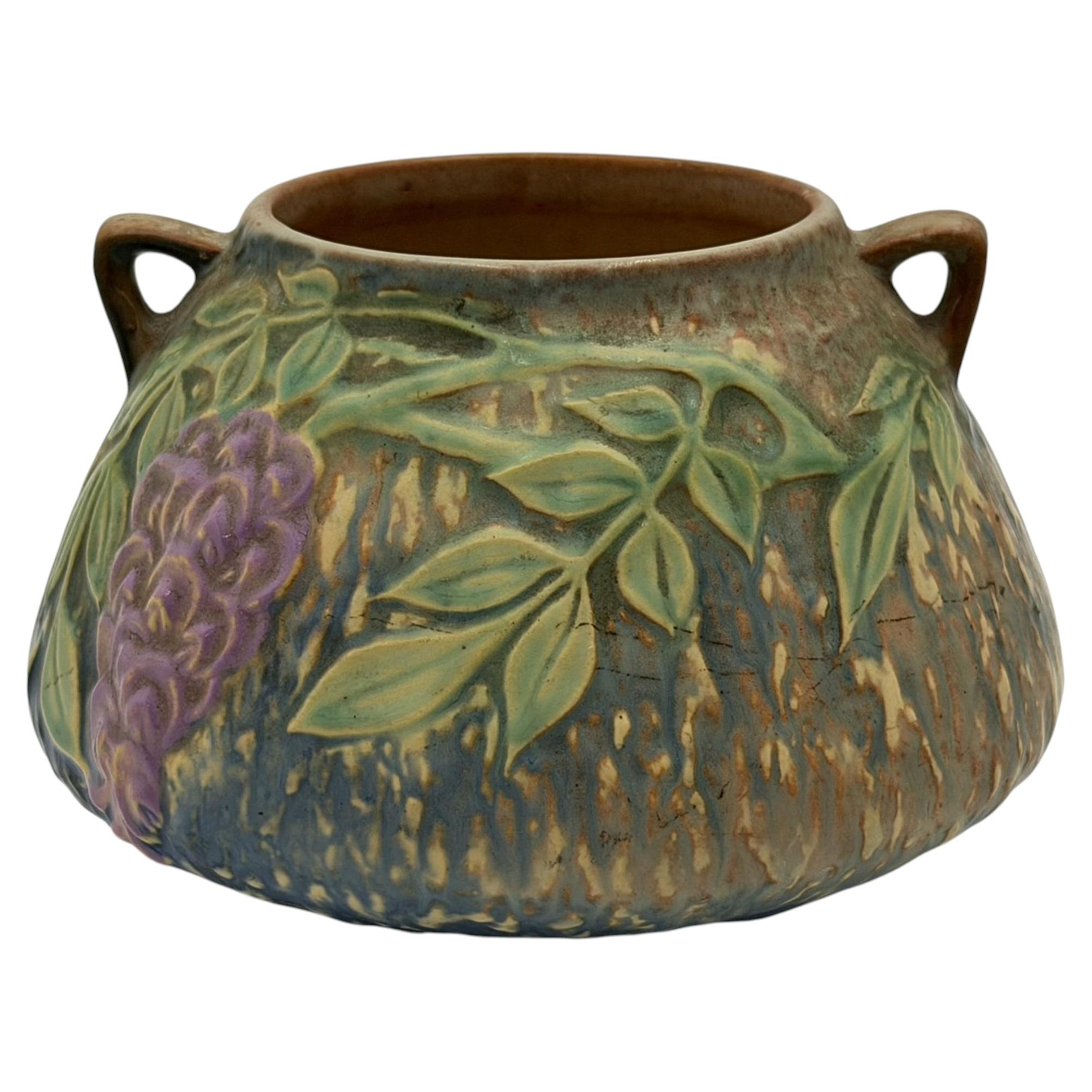 Roseville Wisteria Blue Matte Art Pottery Two-Handled Vase, 1930s For Sale
