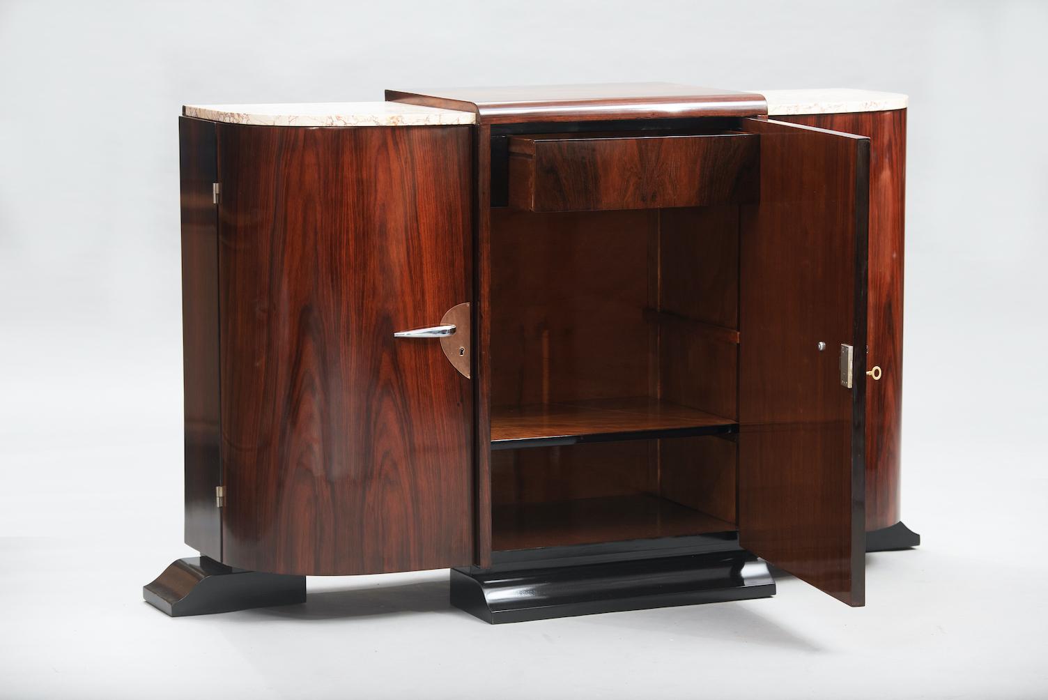 Rosewood and marble French Art Deco sideboard, chrome and copper hardware.