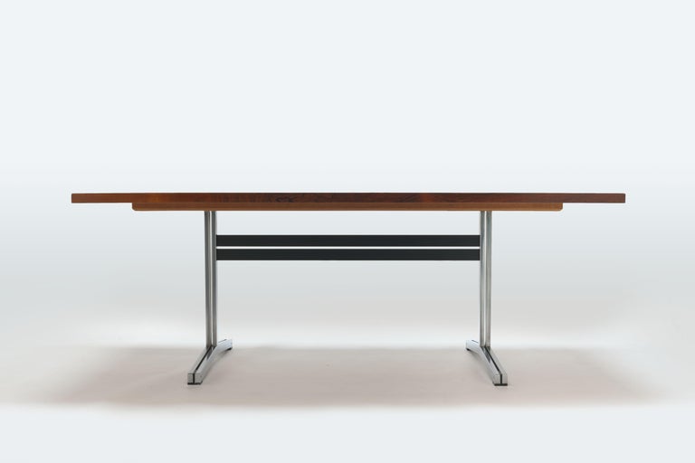 Rosewood conference table, dining room table, desk designed in 1960 by Dutch designer Theo Tempelman for the Dutch AP. Originals (Abraham Polak). The table has a beautiful rosewood table top, finished with solid rosewood edges, and rests on a