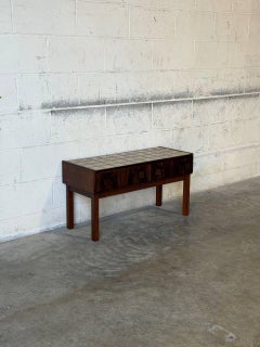 Rosewood 2-Drawer Entryway Console Table with Geometric Tiled Top Vintage 1960s