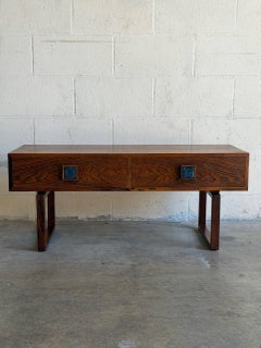 Rosewood 2-Drawer Storage Console with Blue Tile Handles Danish Vintage 1970s