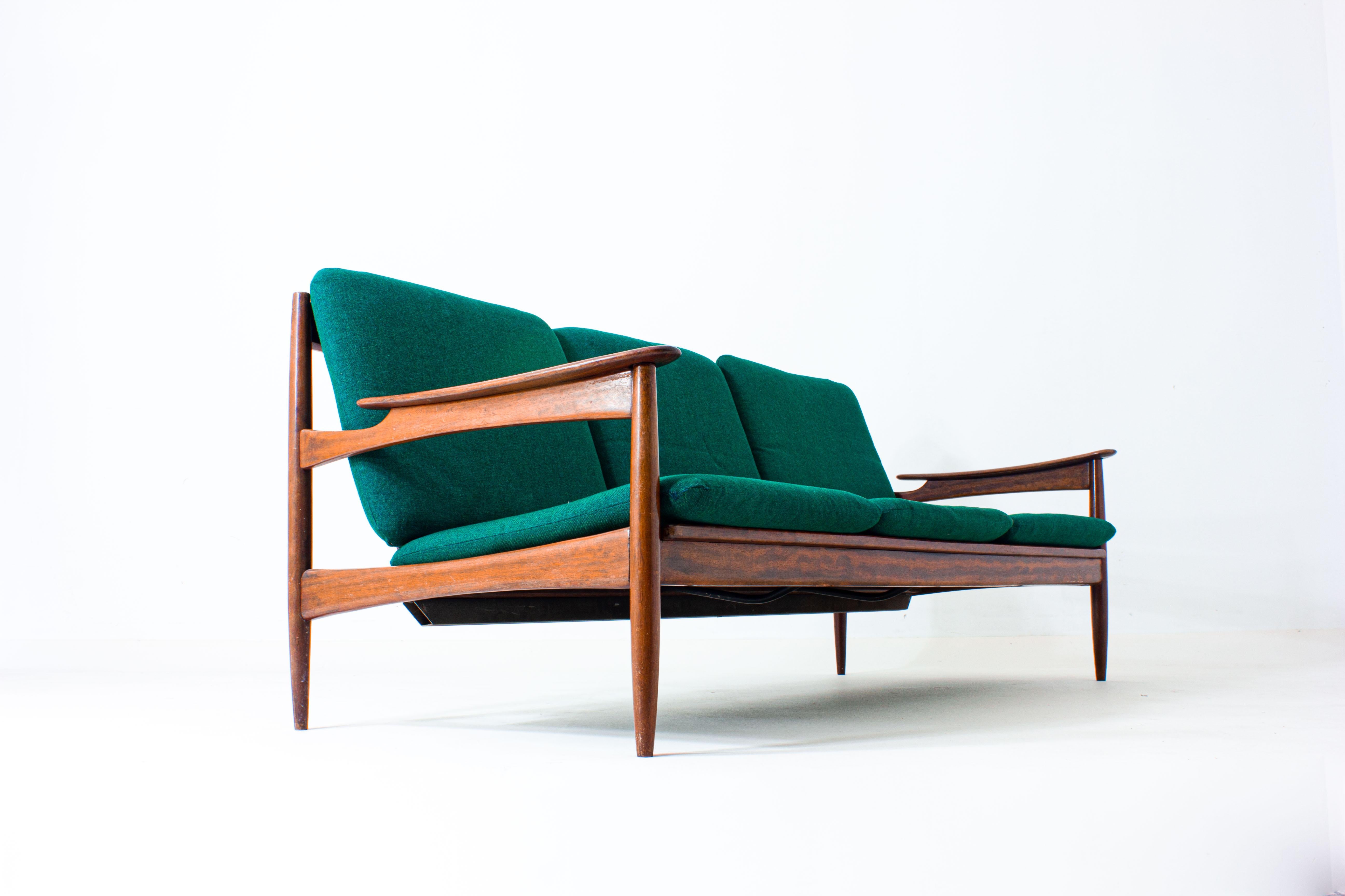 Mid-20th Century Rosewood 3-Seater Sofa in Emerald Green Upholstery, Denmark, 1960s