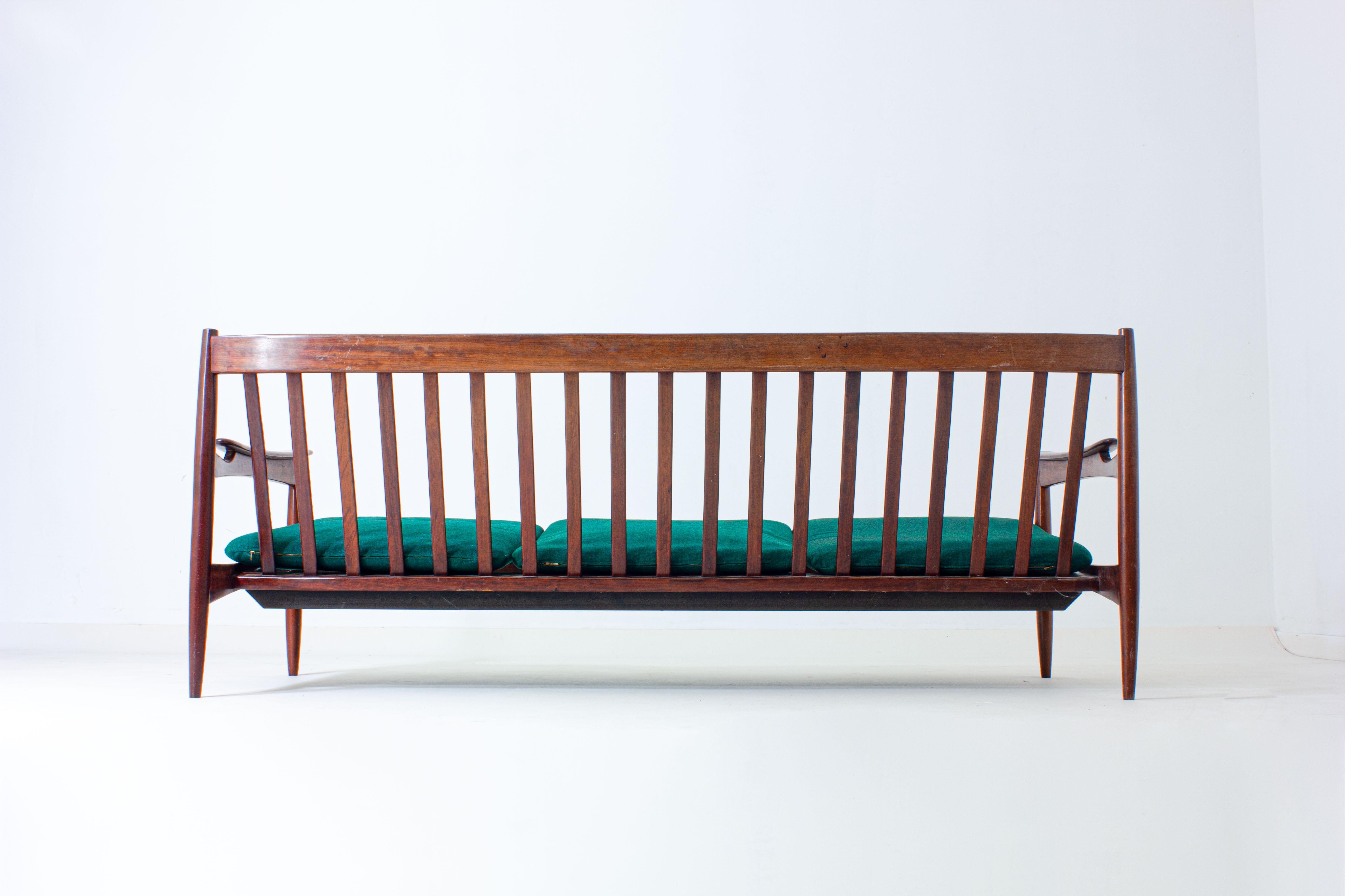 Fabric Rosewood 3-Seater Sofa in Emerald Green Upholstery, Denmark, 1960s