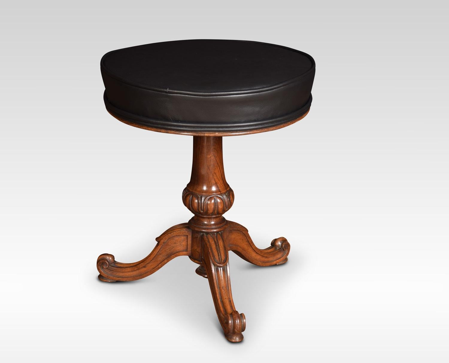 Victorian rosewood adjustable piano stool with upholstered black leather seat. Above turned central column all raised up on scroll cabriole legs.
Dimensions:
Height 19 inches adjustable to 23.5 inches
Width 17 inches
Depth 17 inches.