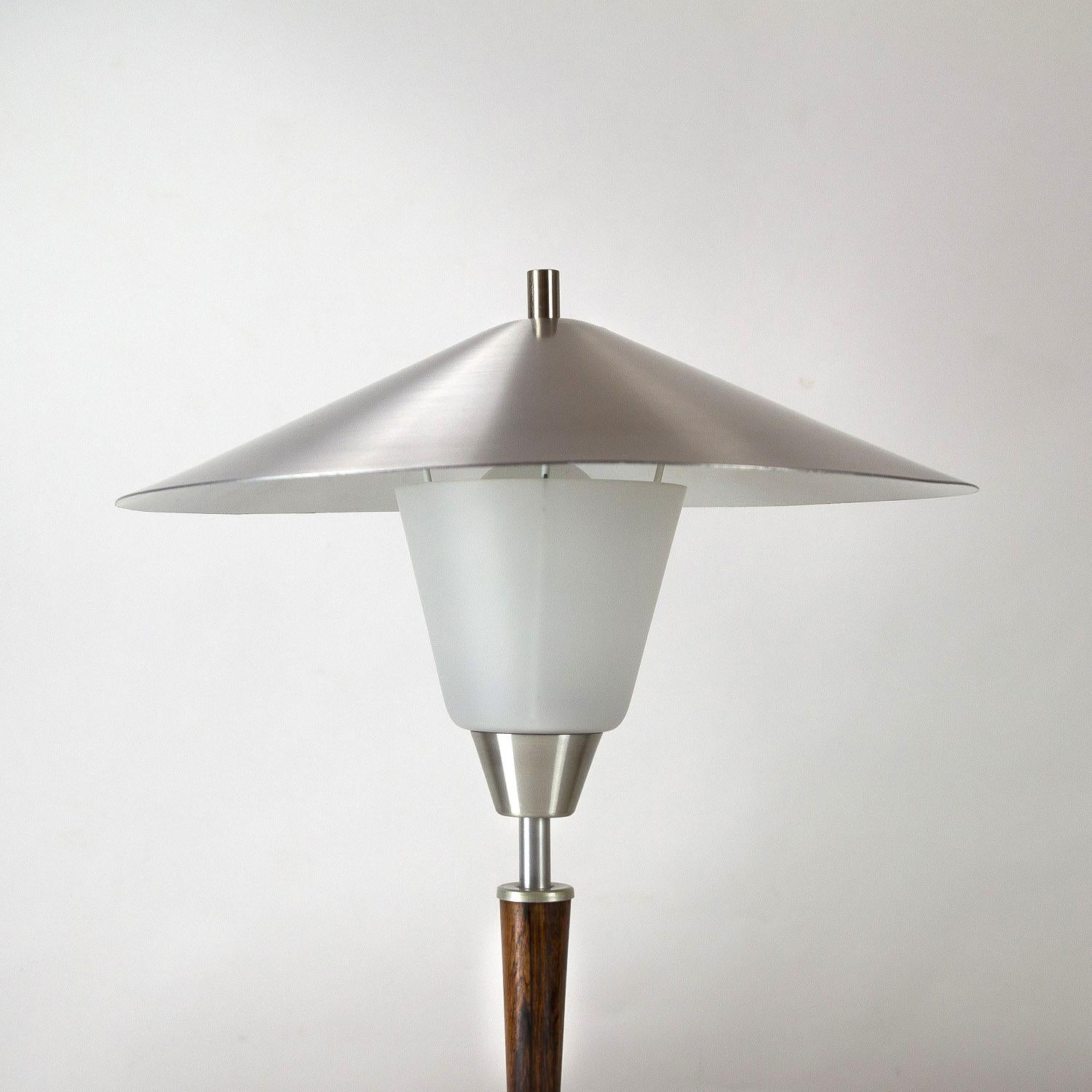 Danish Rosewood, Aluminium and Opaline Glass Table Lamp by Fog & Mørup, Denmark, 1950s