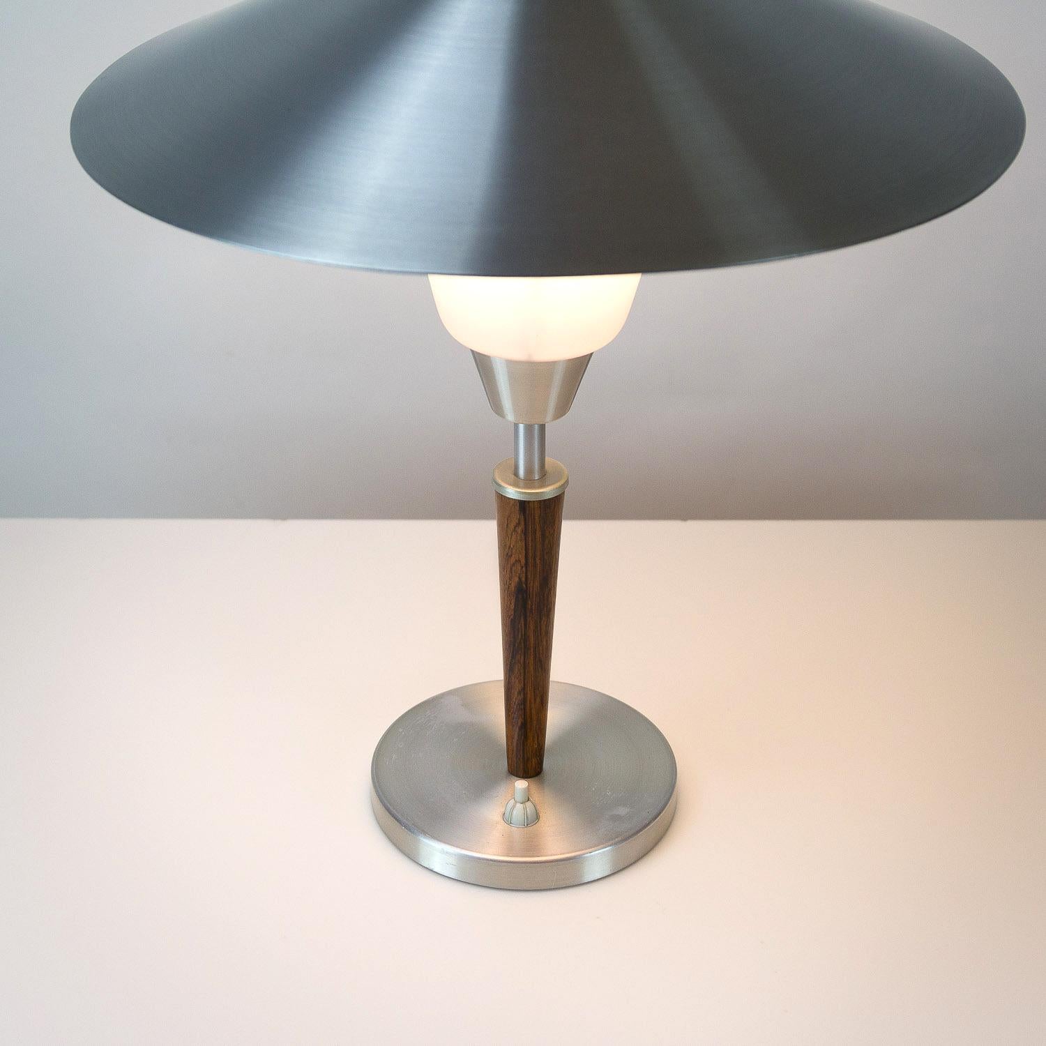 Rosewood, Aluminium and Opaline Glass Table Lamp by Fog & Mørup, Denmark, 1950s In Good Condition In Berkhamsted, GB