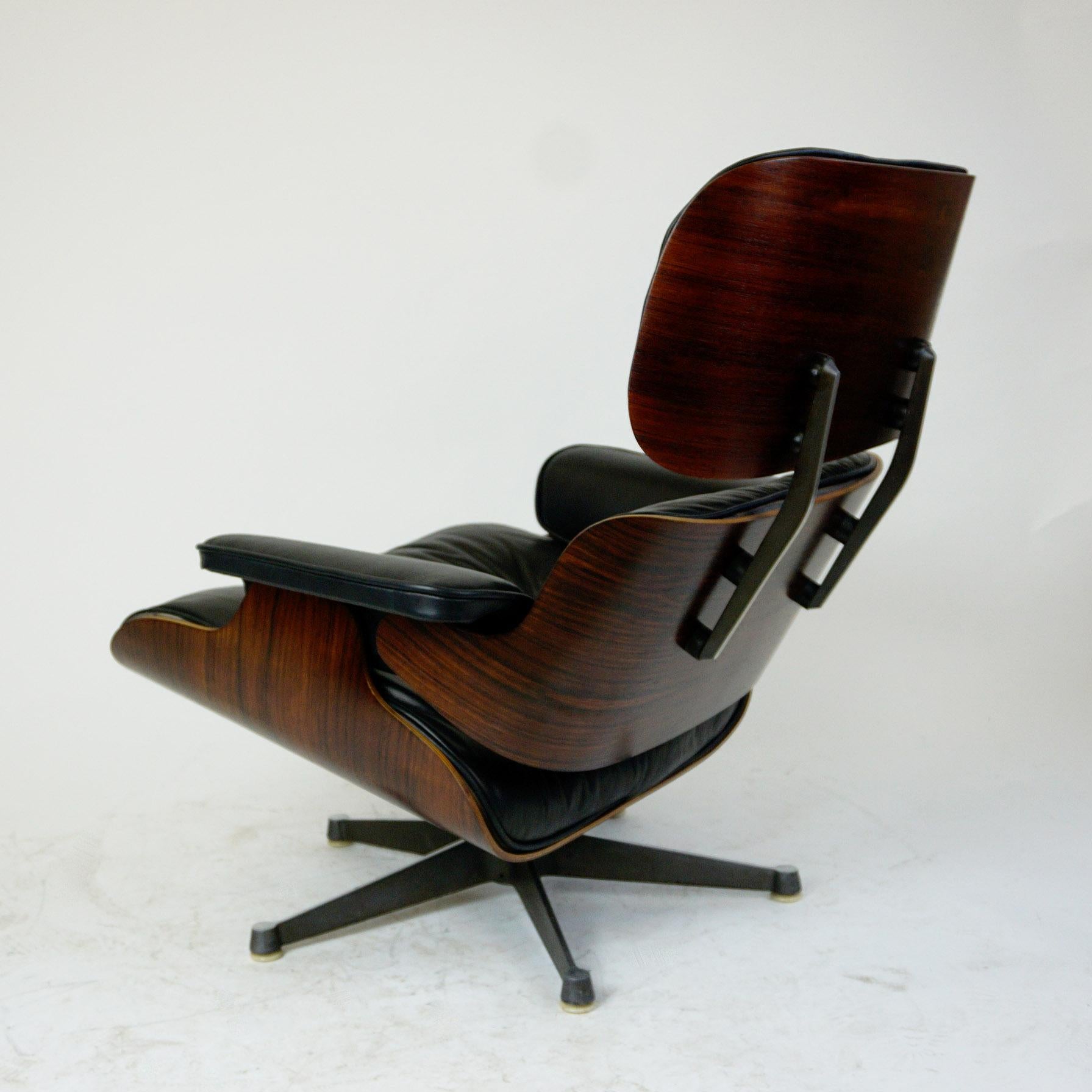 Italian Rosewood and Black Leather Eames Lounge Chair by ICF for Herman Miller