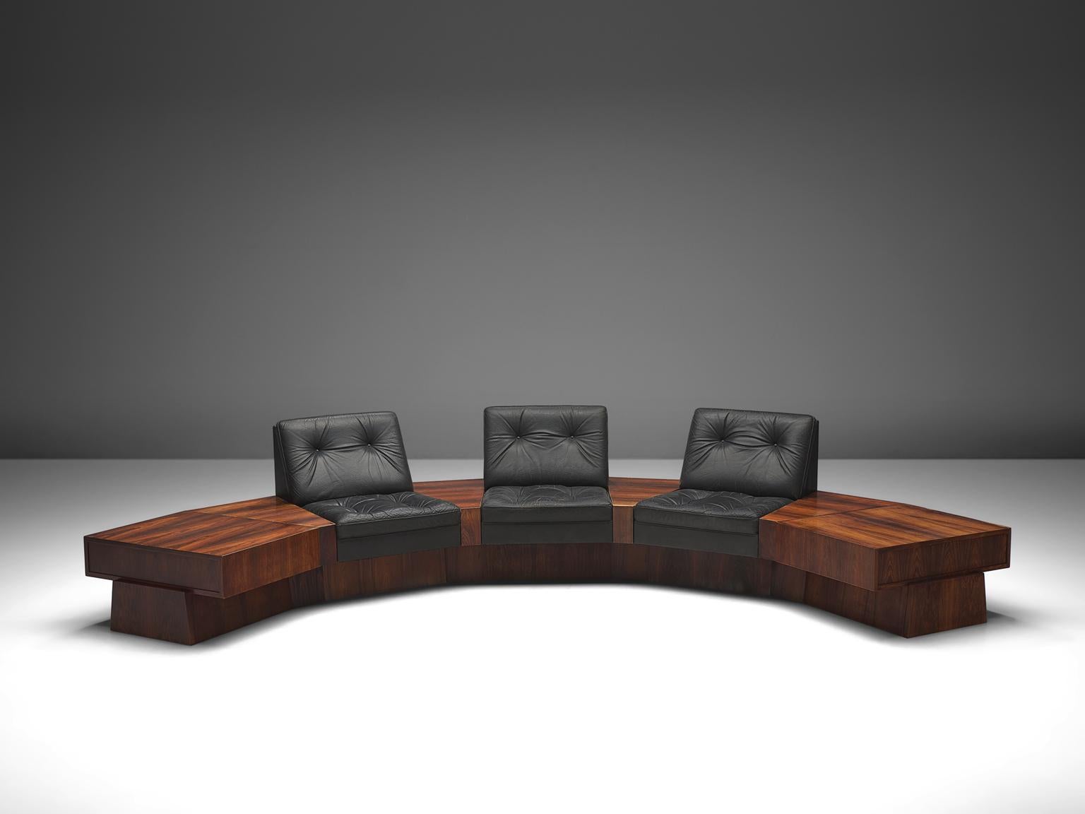 Post-Modern Rosewood and Black Leatherette Modular Sofa