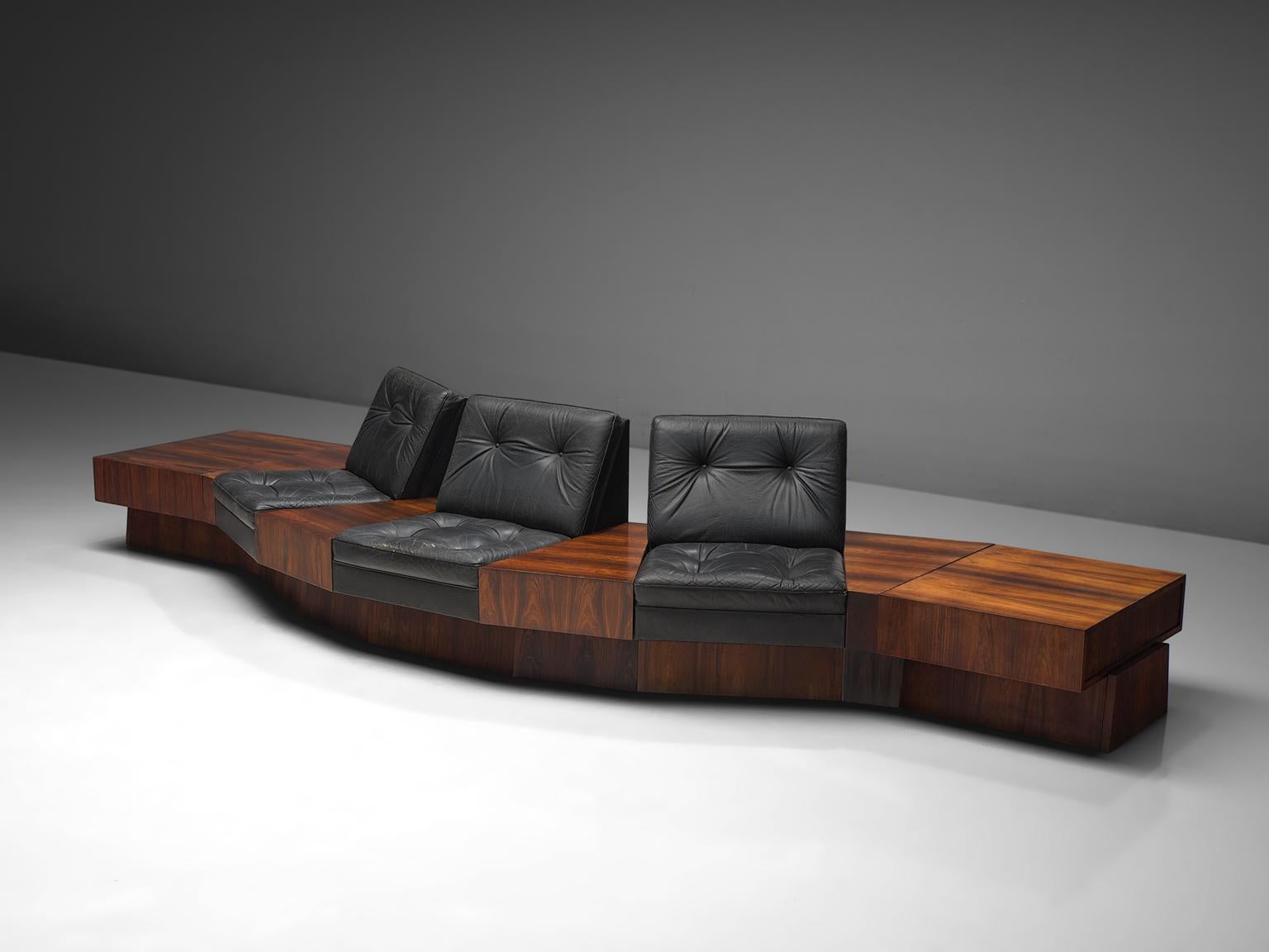 Mid-Century Modern Rosewood and Black Leatherette Modular Sofa
