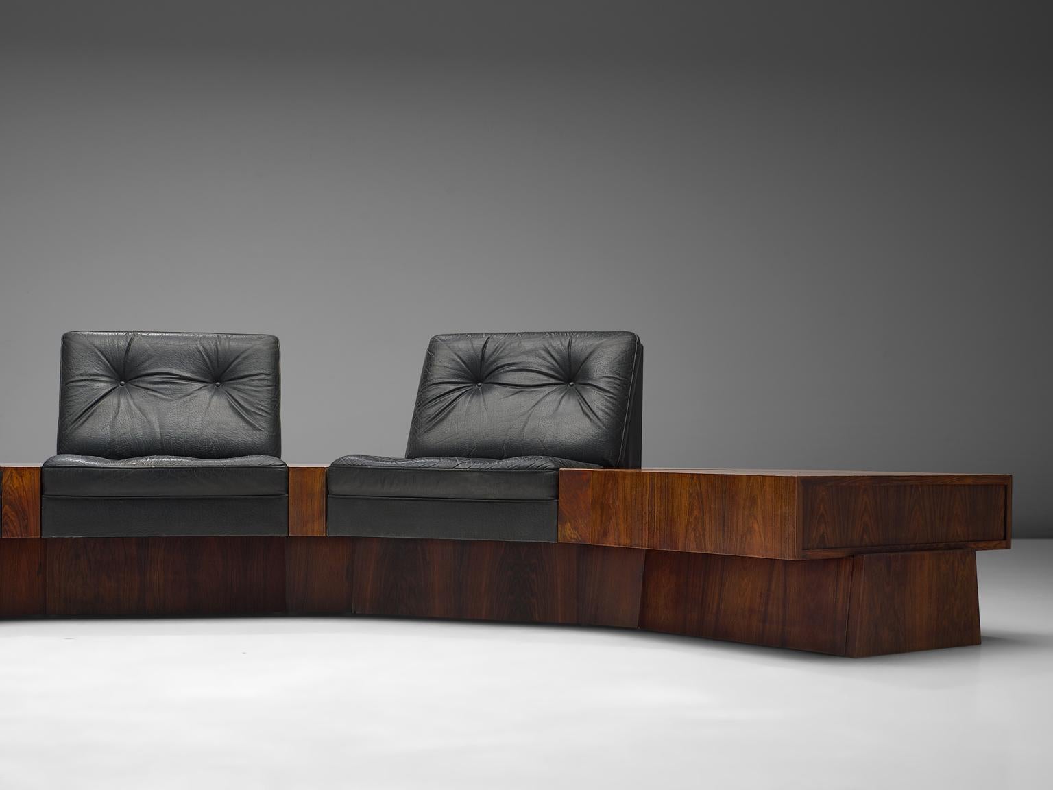 European Rosewood and Black Leatherette Modular Sofa