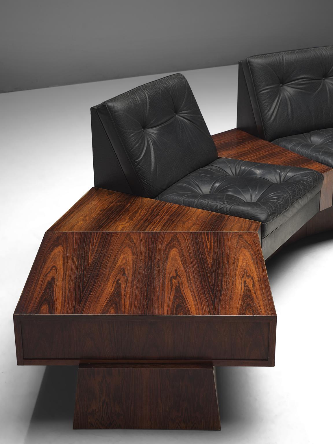 Late 20th Century Rosewood and Black Leatherette Modular Sofa