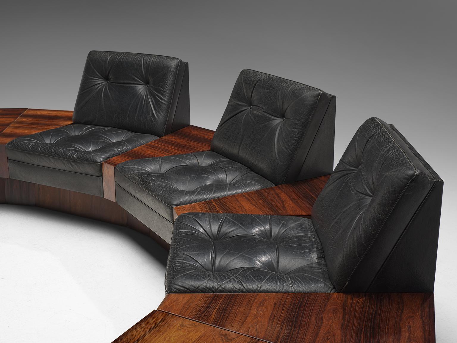 Mid-20th Century Rosewood and Black Leatherette Modular Sofa