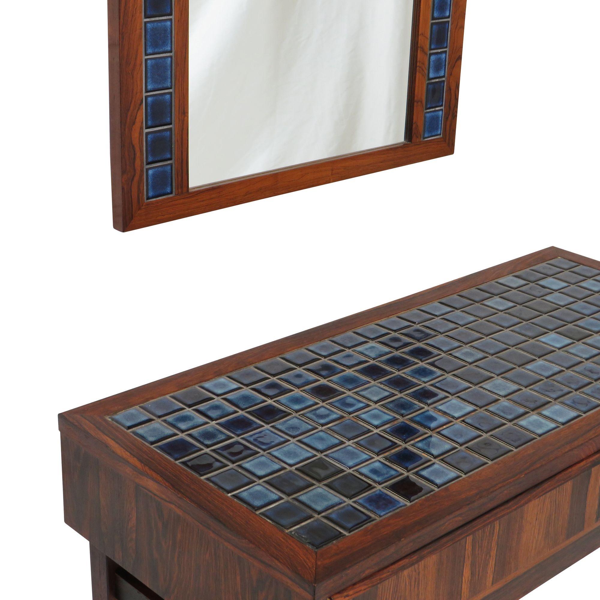 Rosewood and Blue Tile Entry Cabinet and Mirror 5