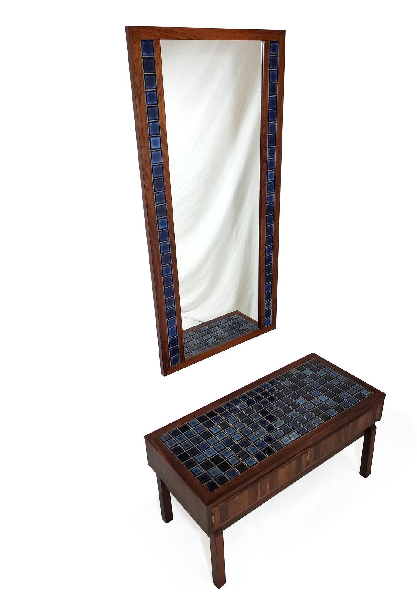 Rosewood and Blue Tile Entry Cabinet and Mirror 2