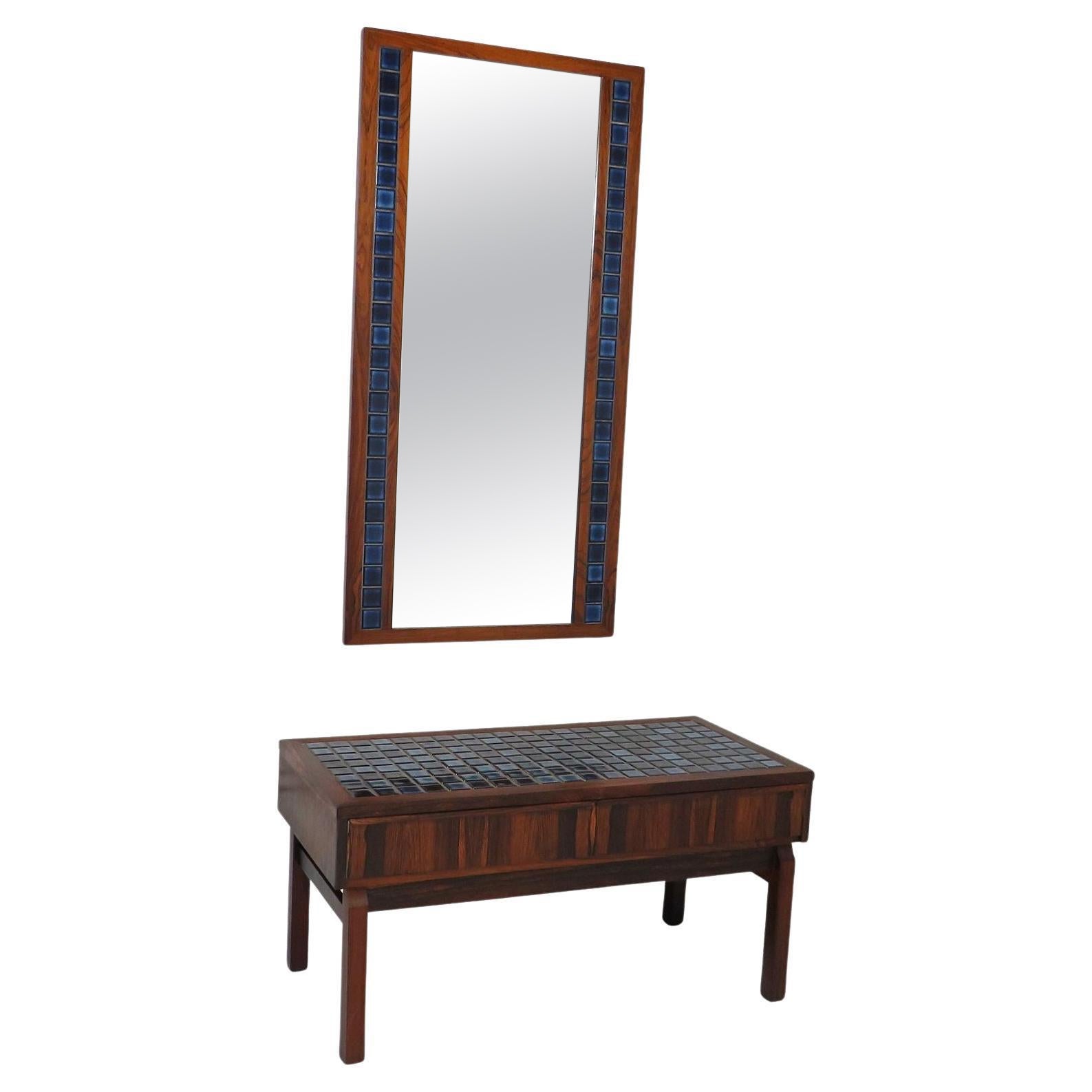 Rosewood and Blue Tile Entry Cabinet and Mirror