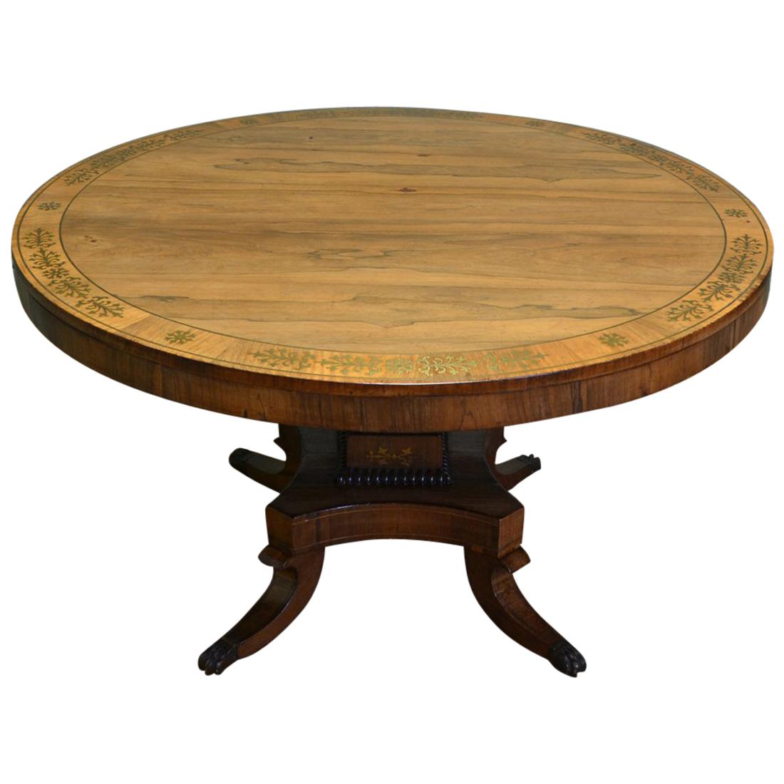 Rosewood and Brass Inlaid Regency Circular Centre Table For Sale