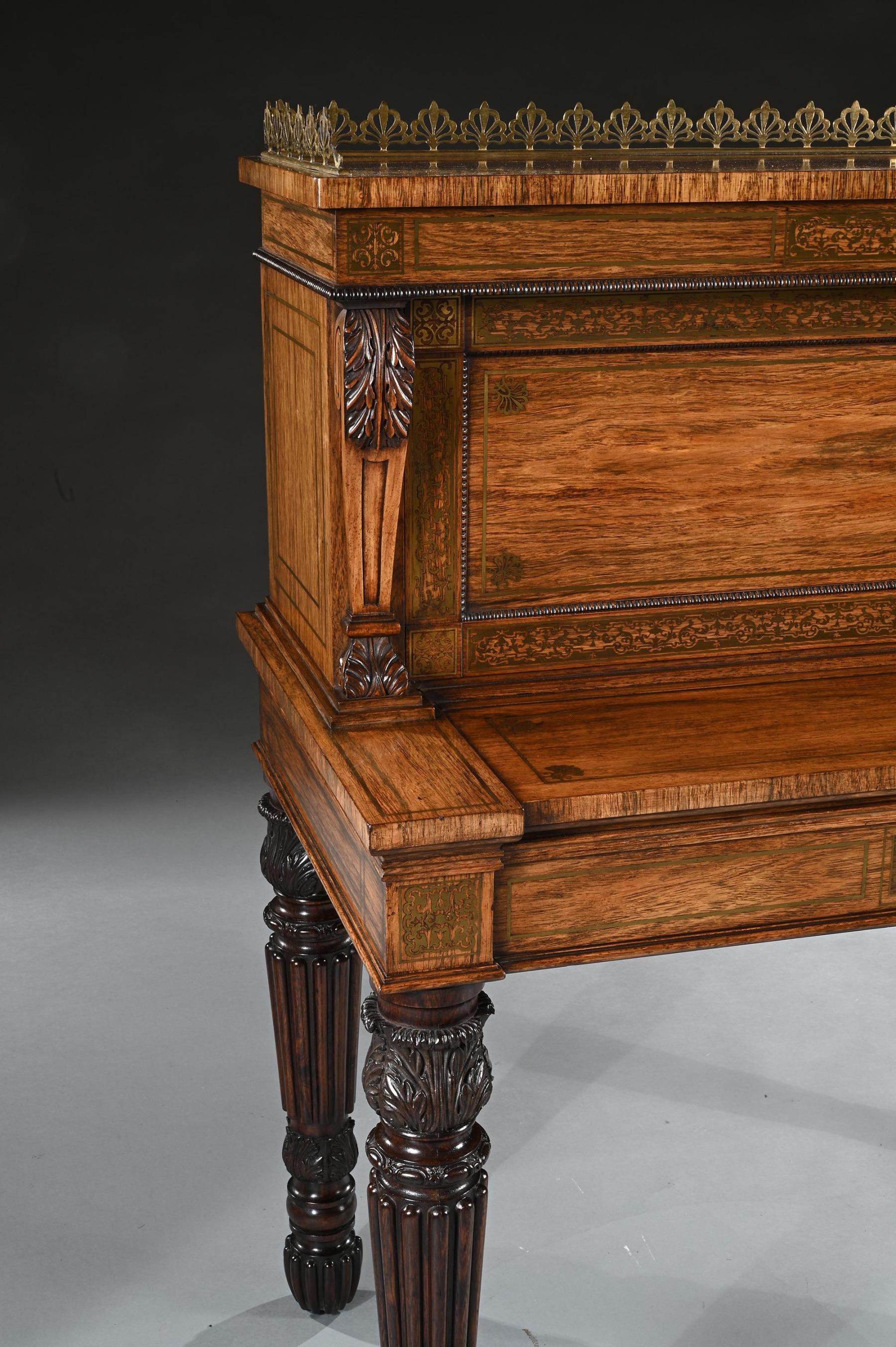 Rosewood And Brass Inlaid Writing Table Attributed To Gillows Oxford Street Work In Good Condition In Benington, Herts