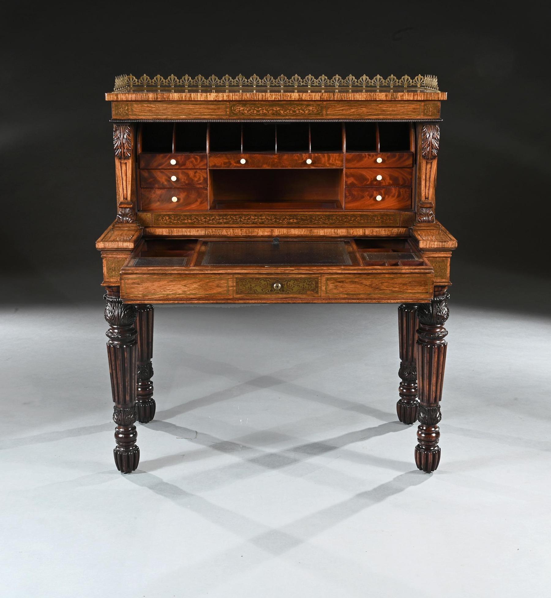 19th Century Rosewood And Brass Inlaid Writing Table Attributed To Gillows Oxford Street Work