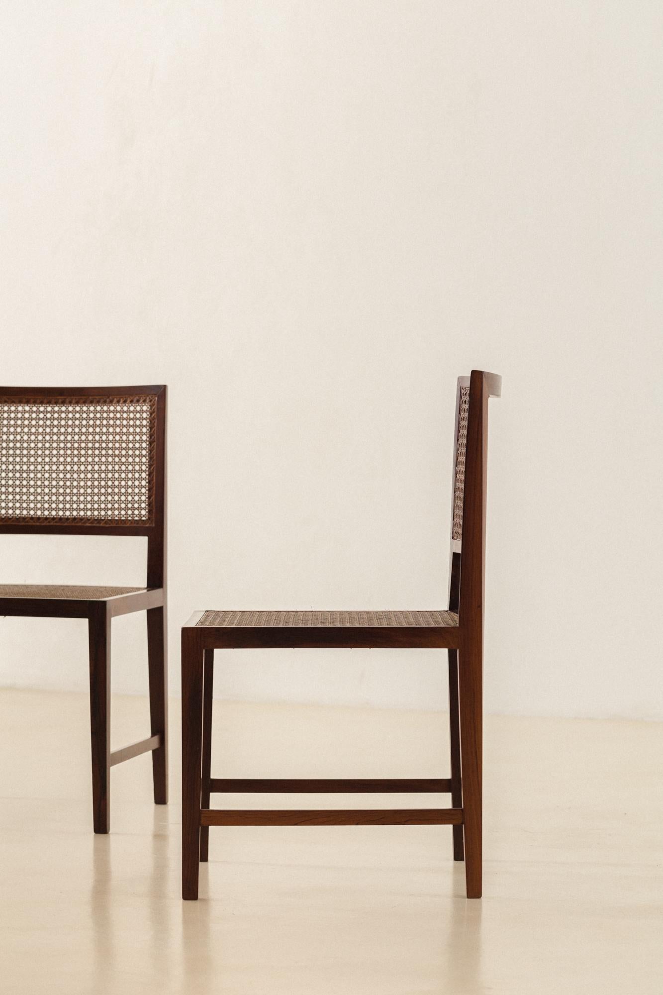 Straw Rosewood and Cane Dining Chairs, M.L. Magalhães, 1960s, Midcentury Brazilian