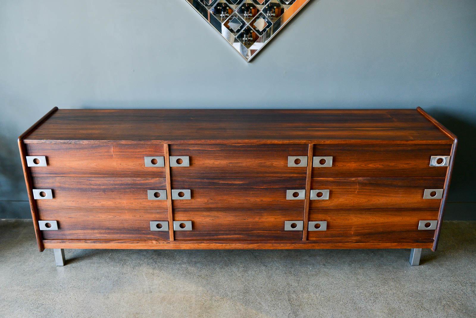 Rosewood and chrome 9-drawer dresser by Leif Jacobsen, circa 1970. Rare rosewood and chrome 9-drawer dresser or credenza by Danish cabinetmaker Leif Jacobsen, circa 1970. Exceptional craftsmanship and rosewood grain, this dresser is in original