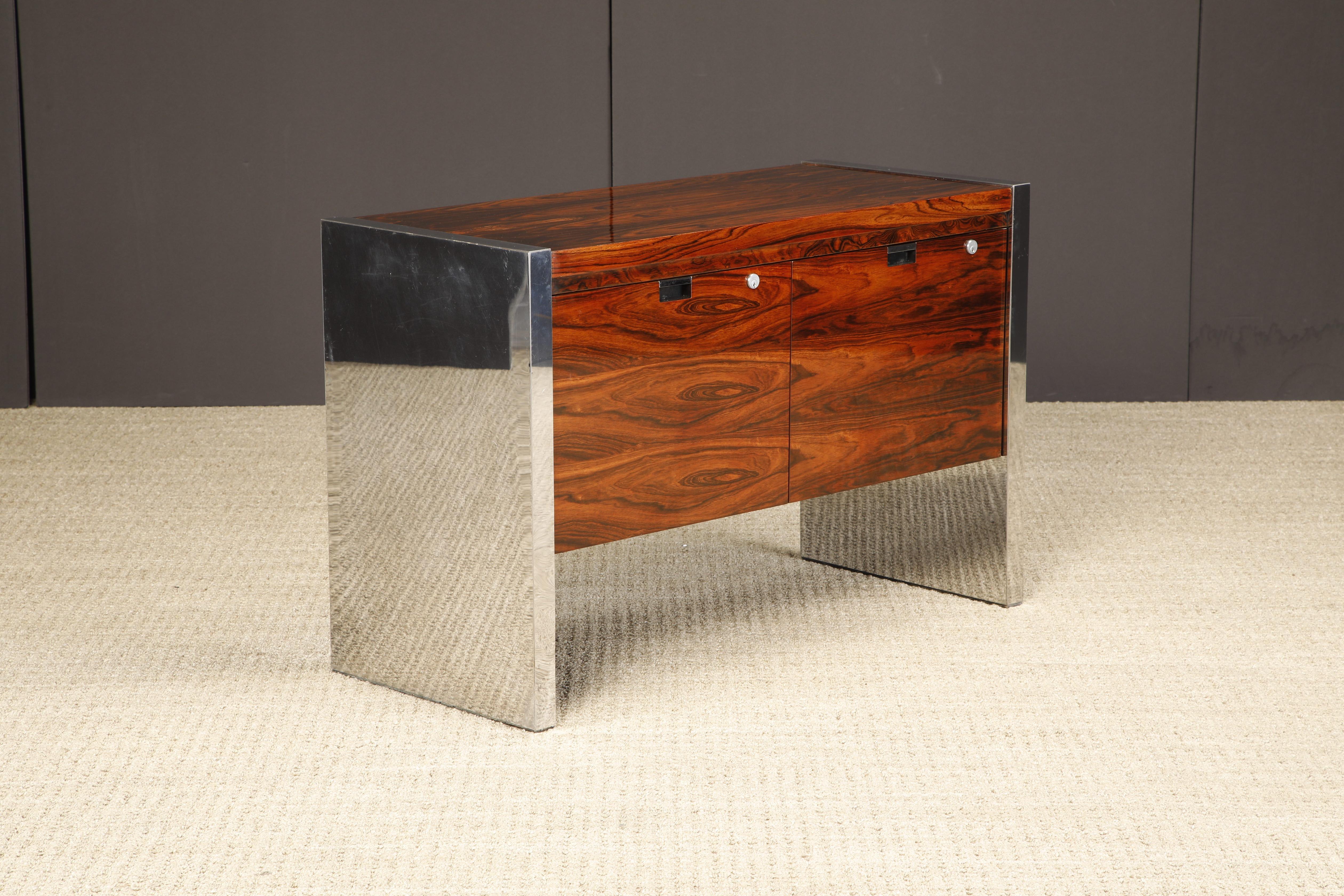 Mid-Century Modern Rosewood and Chrome Credenza by Roger Sprunger for Dunbar, c 1970, Signed
