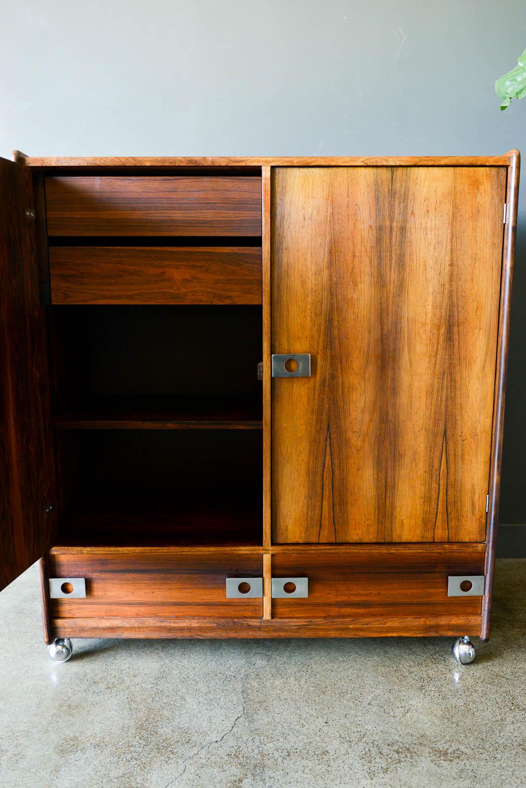 Mid-Century Modern Rosewood and Chrome Rolling Dry Bar or Cabinet by Leif Jacobsen, circa 1970