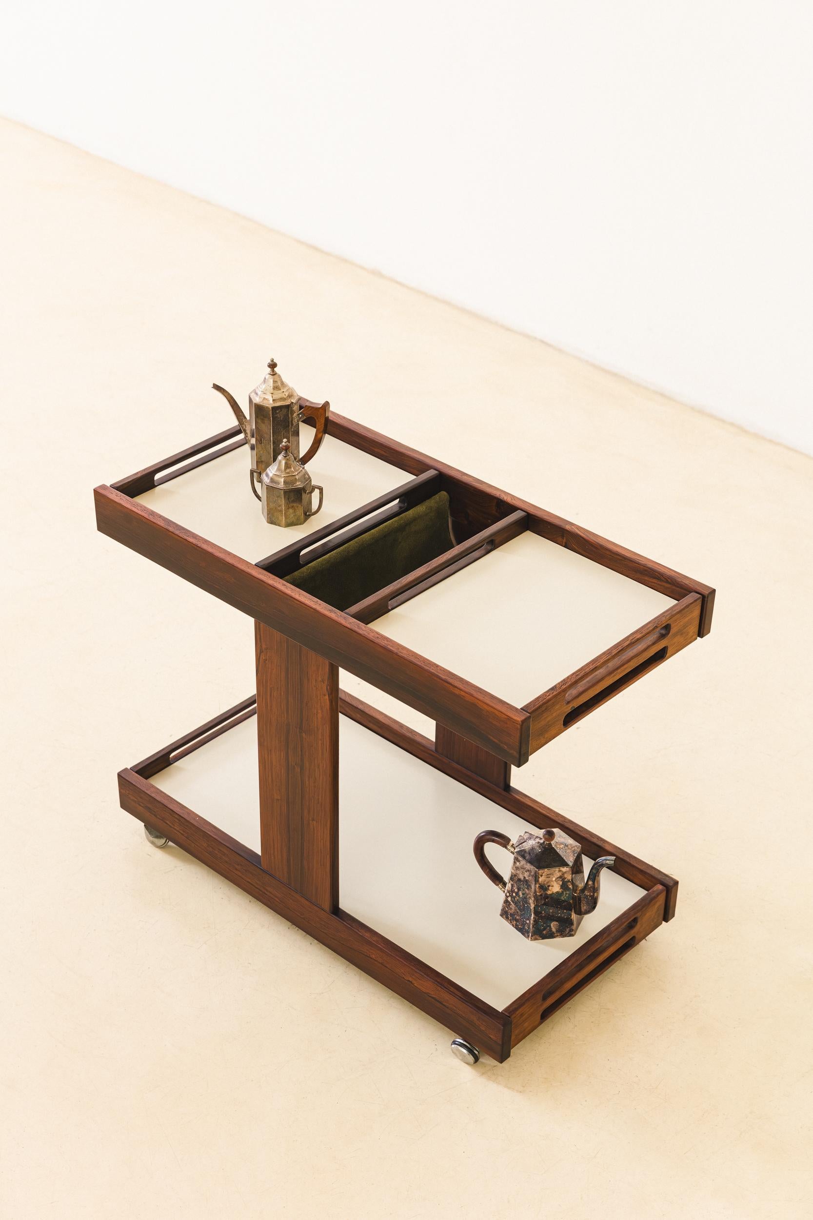 Leather Rosewood and Formica Bar Cart, Celina Decorações, 1960s, Brazilian Midcentury
