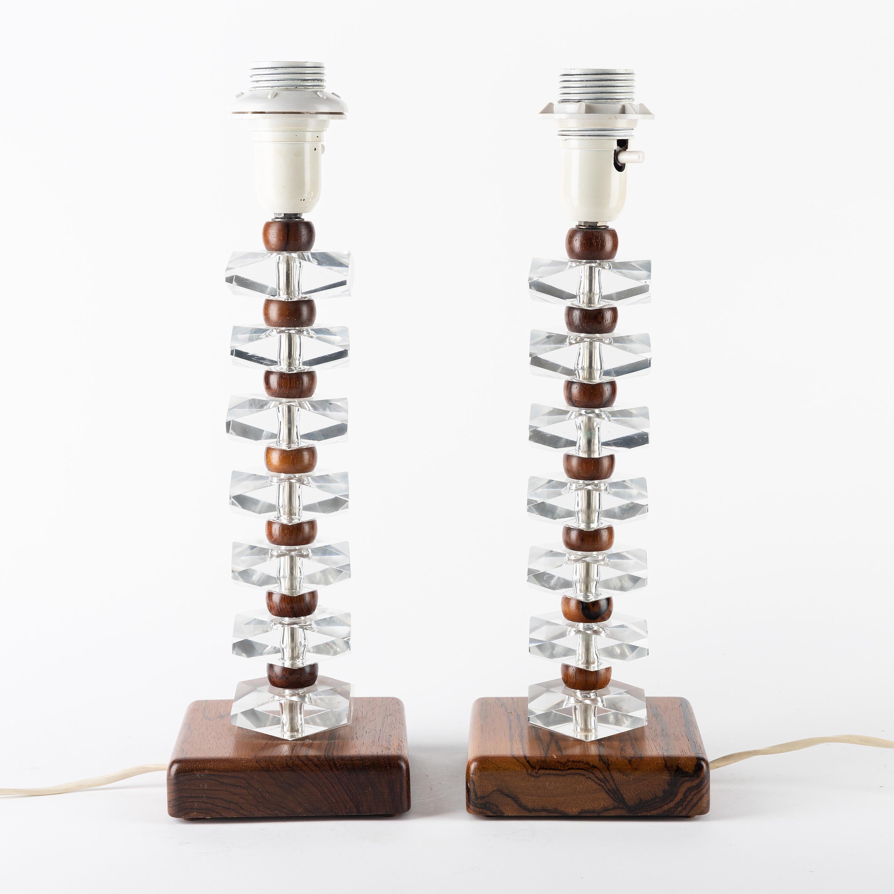 Scandinavian Modern Rosewood and Glass Table Lamp by Orrefors, Sweden, 1960 For Sale