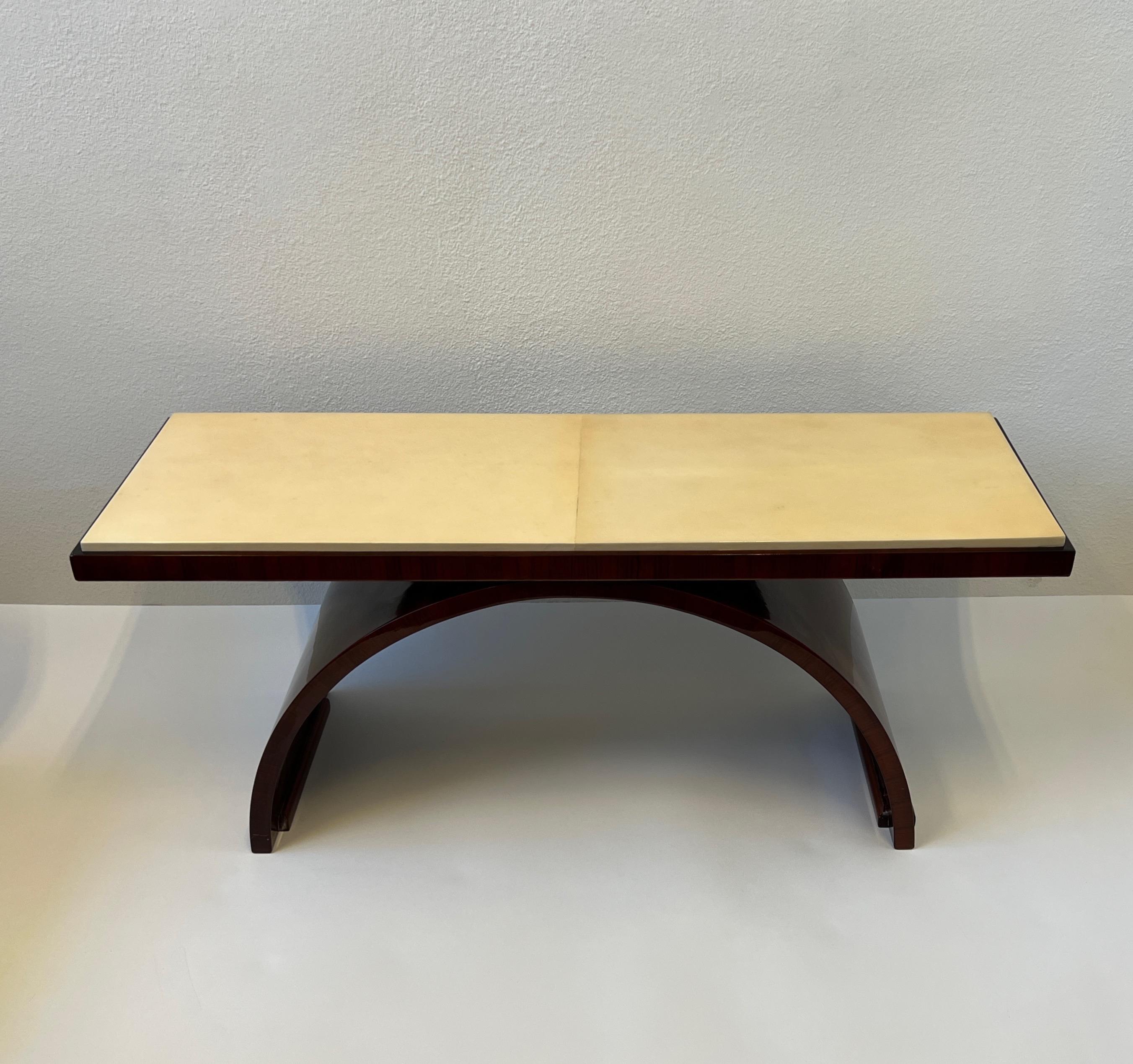 Italian Rosewood and Goatskin Parchment Paper Art Deco Coffee Table  For Sale