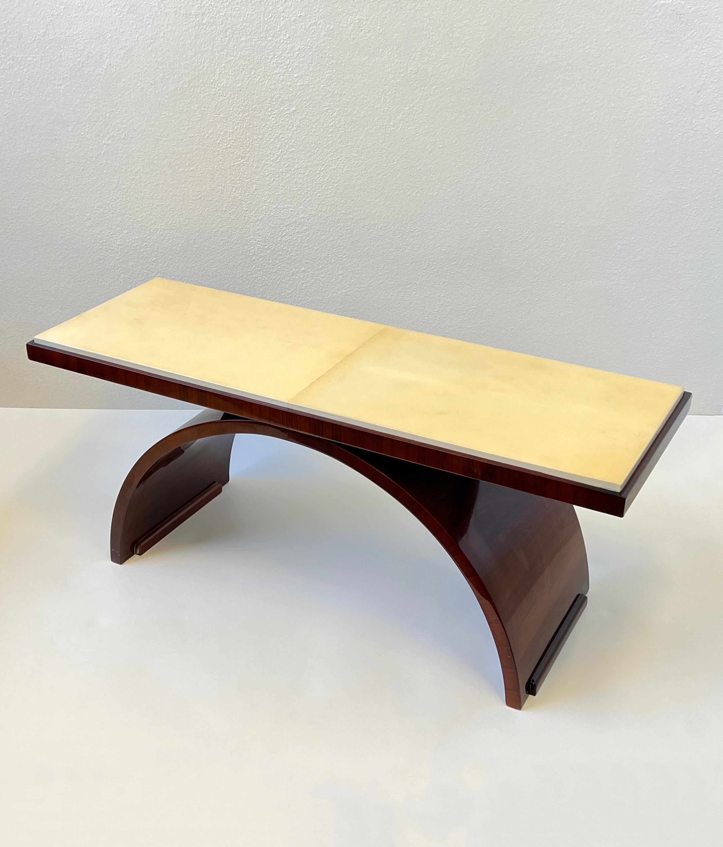 Rosewood and Goatskin Parchment Paper Art Deco Coffee Table  In Good Condition For Sale In Palm Springs, CA