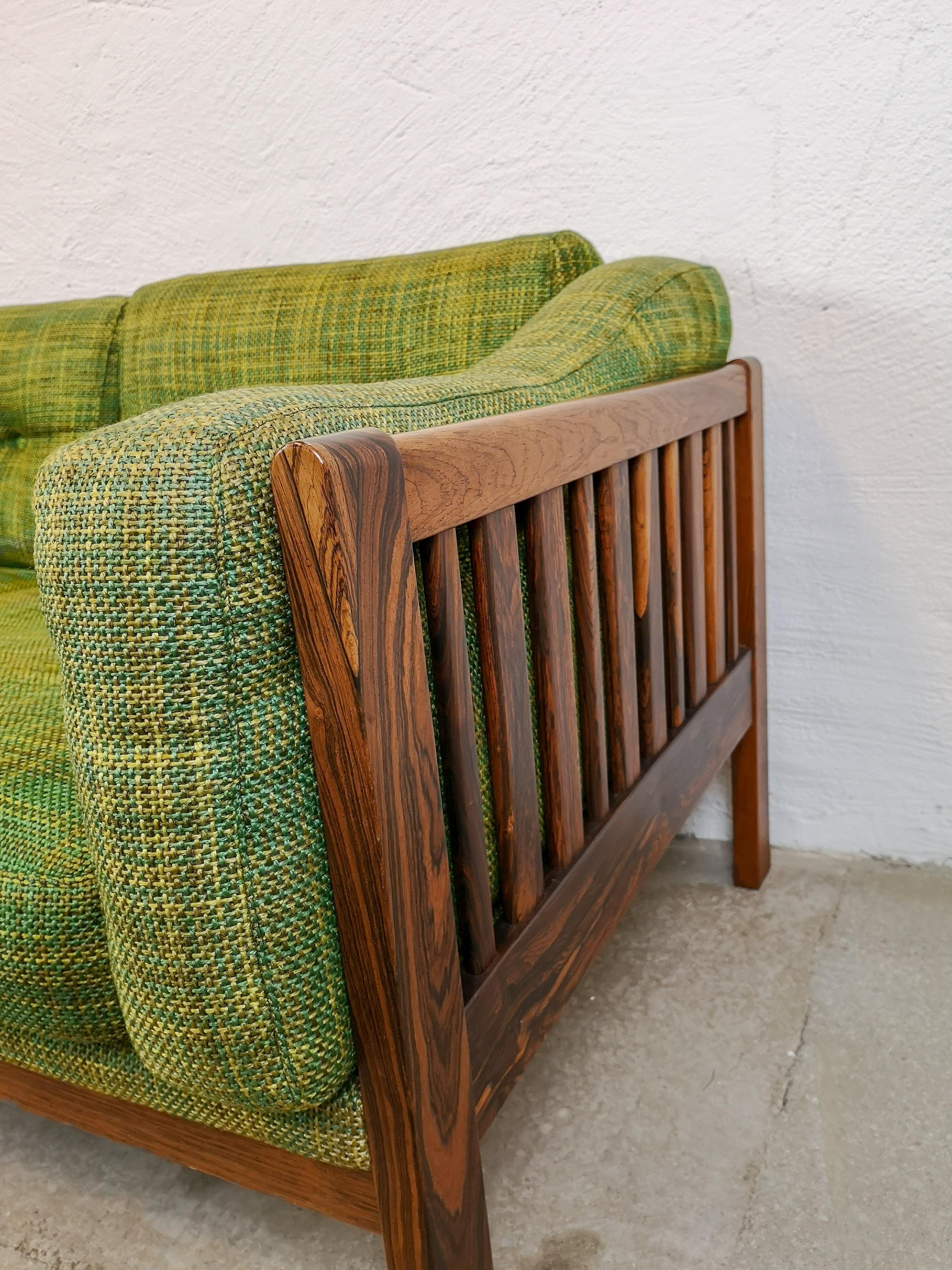 Scandinavian Modern  Midcentury Rosewood and Green Cushions Sofa 