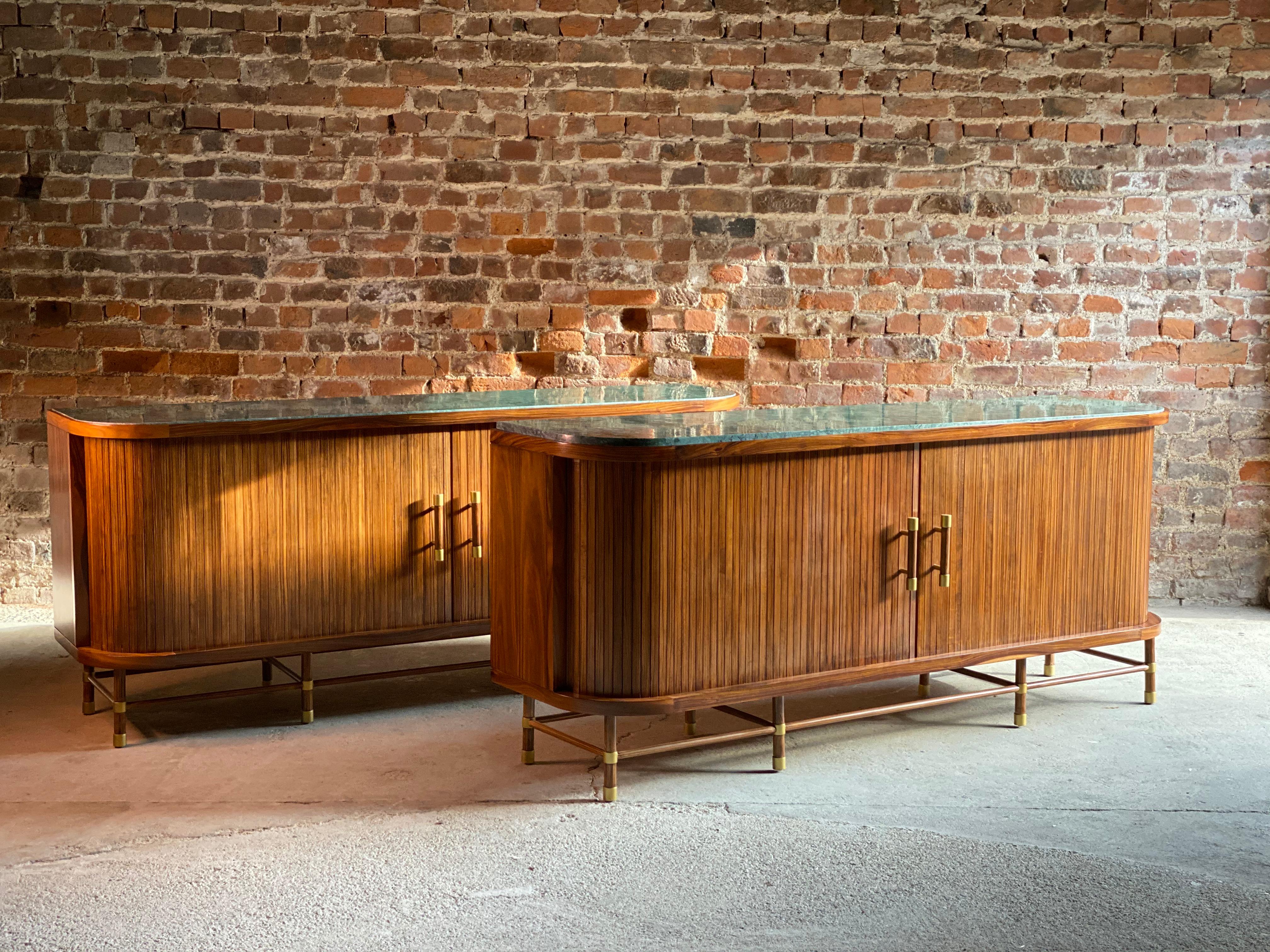 Art Deco Rosewood and Green Marble-Top Tambour Fronted Credenza 