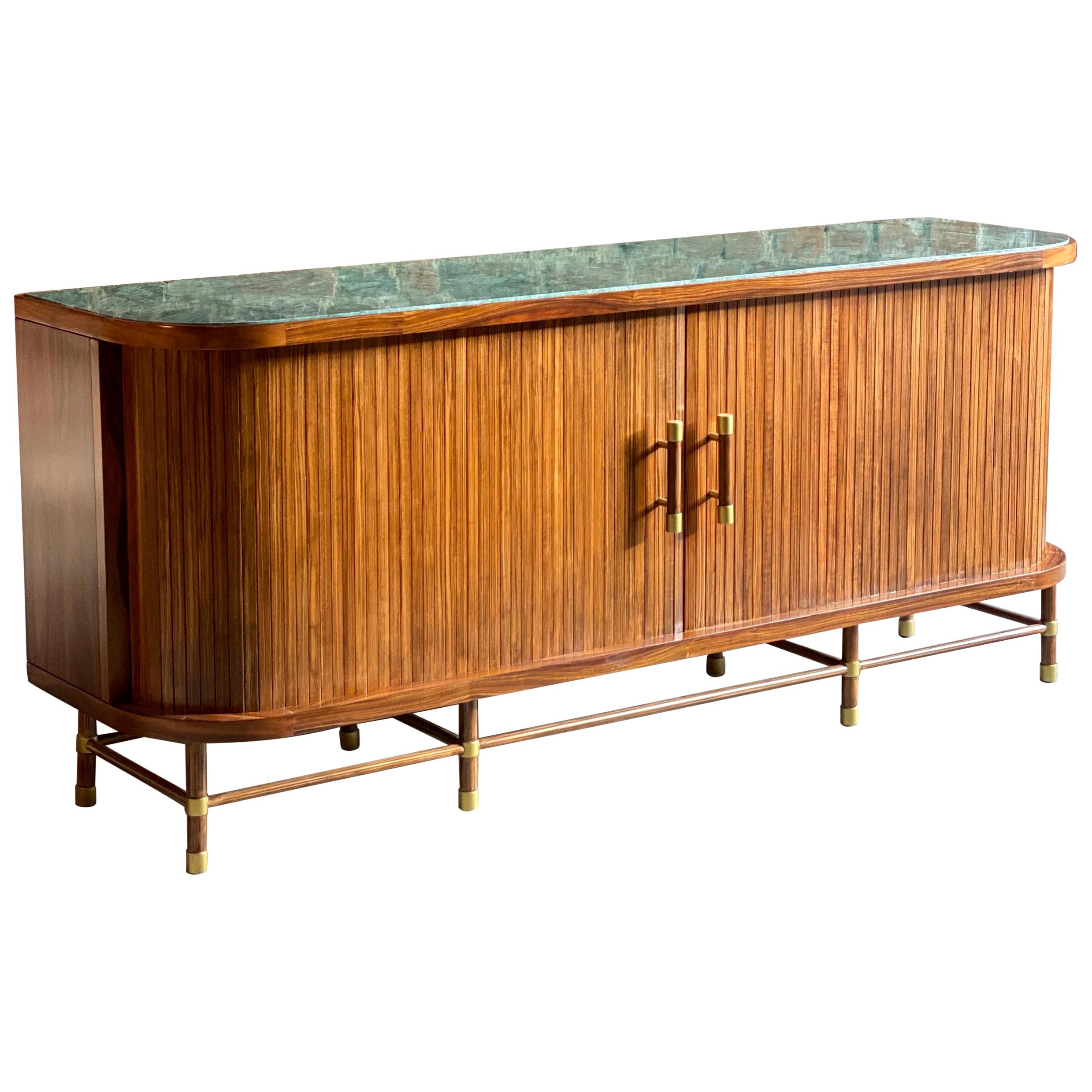 Rosewood and Green Marble-Top Tambour Fronted Credenza 