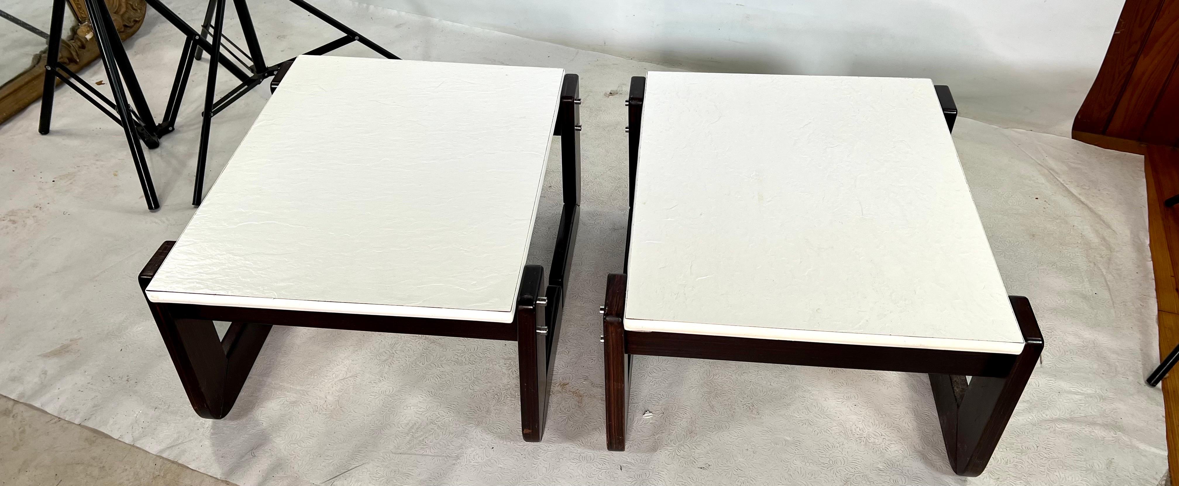 For sale is this vintage set of side tables made by Percival Lafer. One of the tables still has its original tag, also top is a textured laminate.