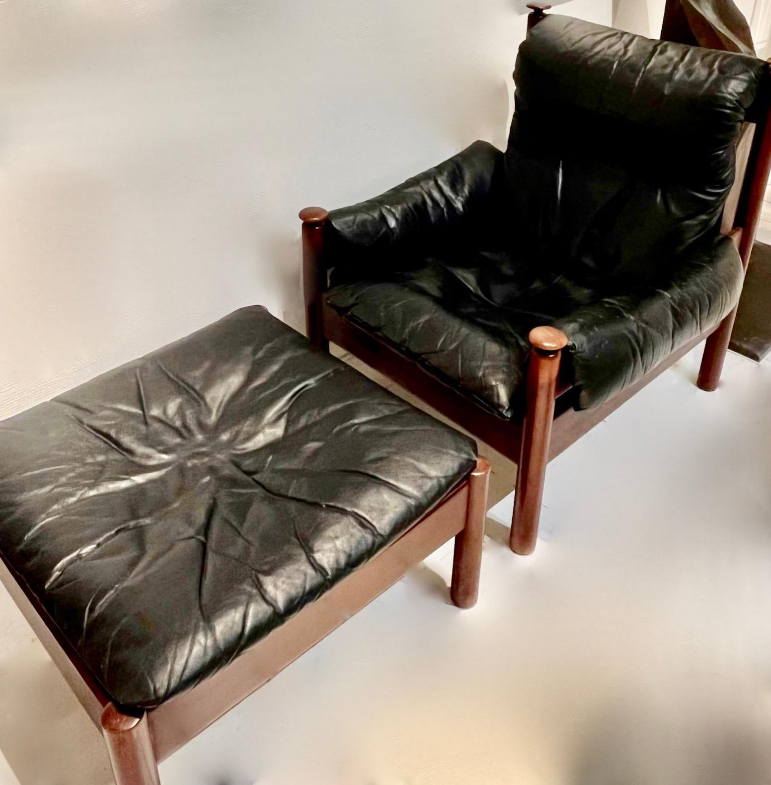 Teak and Leather Armchair and Ottoman by Eric Merthen, Sweden 1960. 1