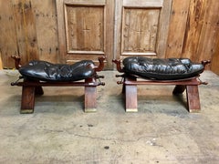 Rosewood and Leather Camel Saddle Stools by M. Hayat & Bros Ltd.