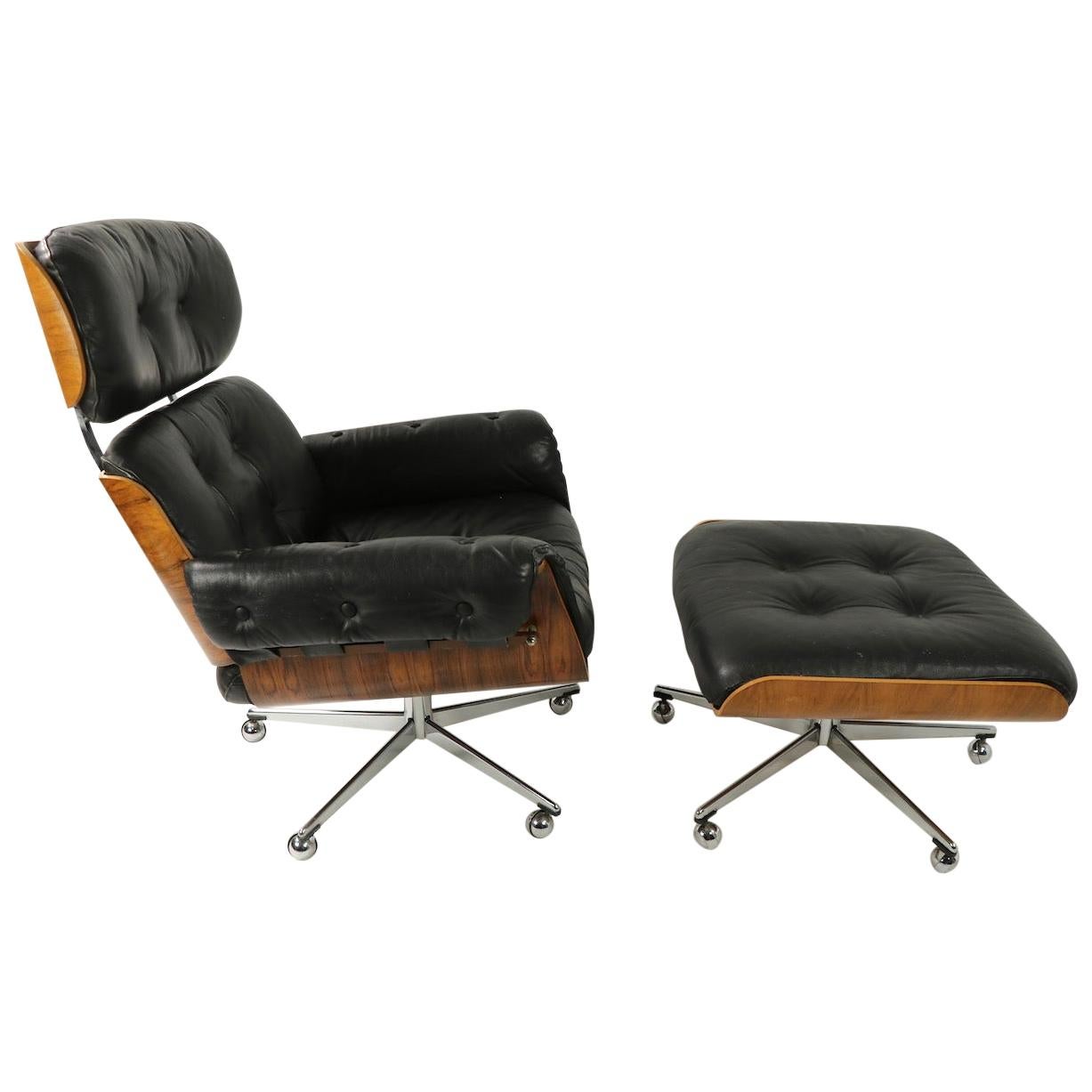 Rosewood and Leather Eames Style Swivel Lounge Chair and Ottoman