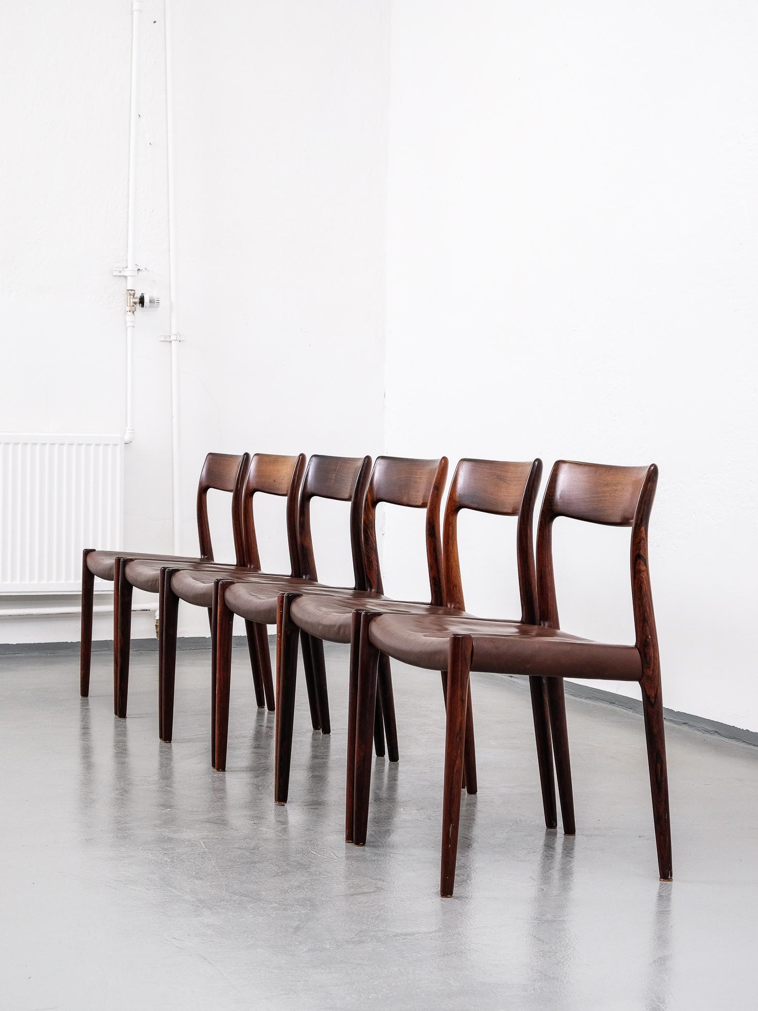 Scandinavian Modern Rosewood and Leather Niels Møller Model #77 Dining Chairs, Set of Six
