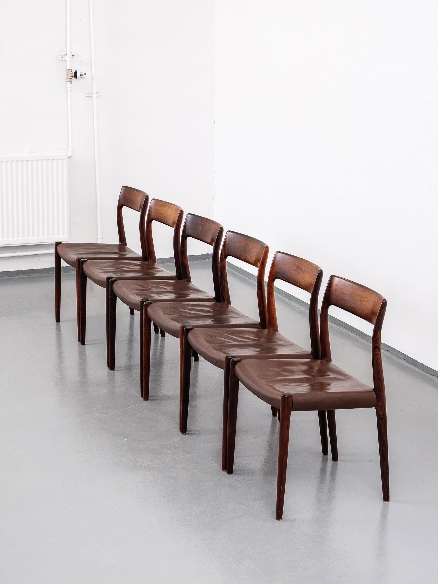 Danish Rosewood and Leather Niels Møller Model #77 Dining Chairs, Set of Six