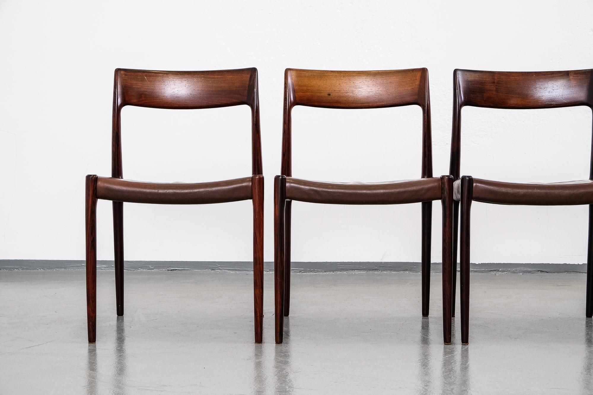 Mid-20th Century Rosewood and Leather Niels Møller Model #77 Dining Chairs, Set of Six