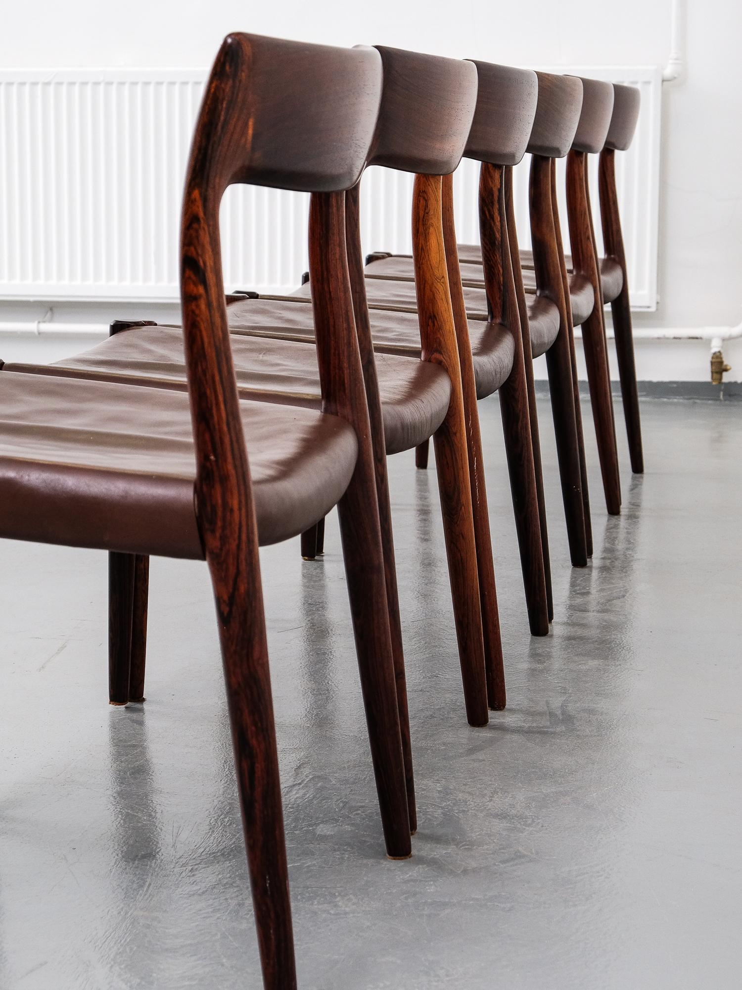 Rosewood and Leather Niels Møller Model #77 Dining Chairs, Set of Six 1